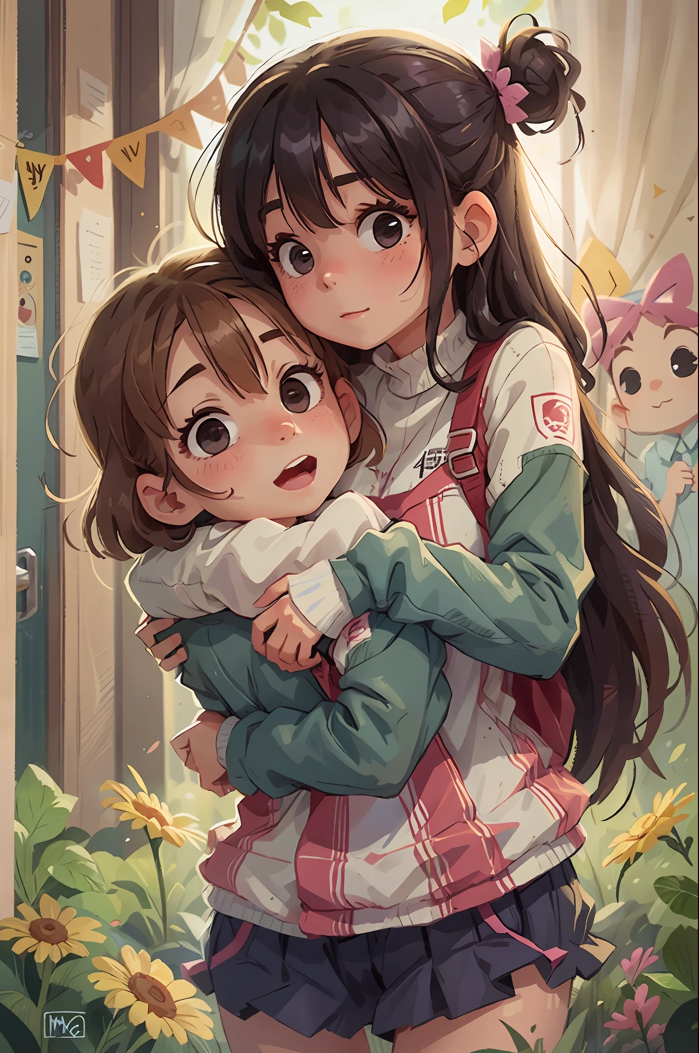 Two girls hugging，and says：Good job，You are really great！