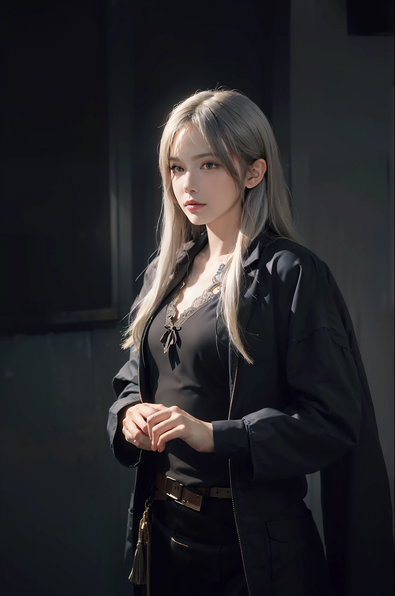 Hyperrealist portrait of female by david hockney and alphonse mucha,fantasy art, photo realistic, dynamic lighting, artstation, poster, volumetric lighting, very detailed faces, 4 k, award winning,, 1girl, in the dark, deep shadow, low key,cowboy shot,(official clothing:1.4) ,long hair,white hair,