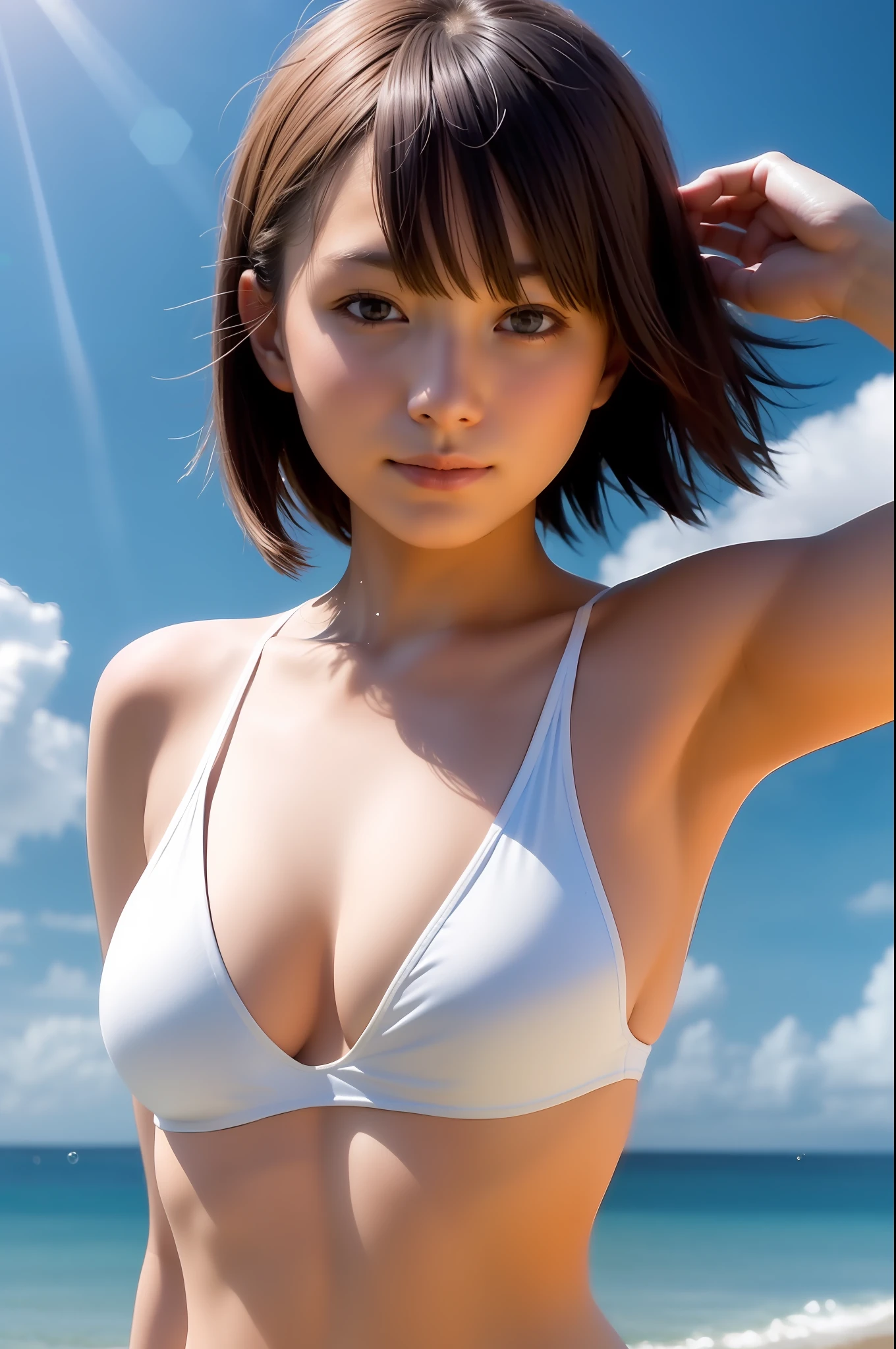 Top quality, Masterpiece, (Realistic:1.2), Beach, Swimsuit, Upper body, Sunlight, Big splash, Solar flare