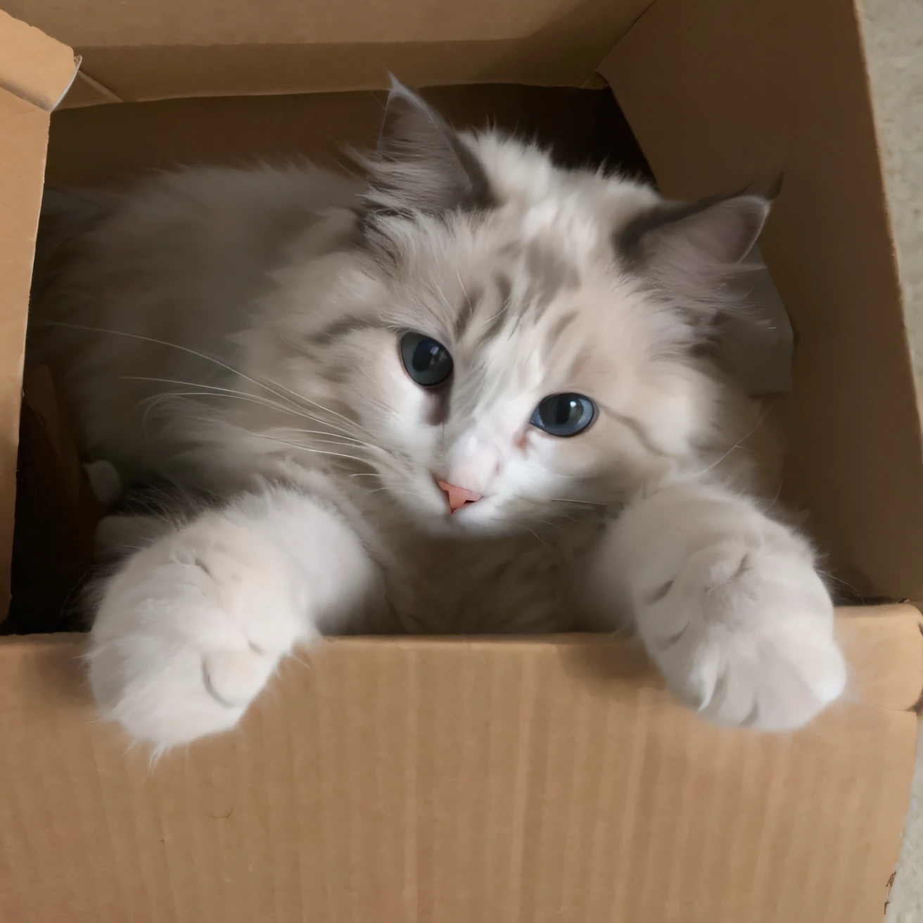 There was a cat sitting in a box on the floor, The Ragdoll cat, author:Emma Andievska, box, cute furry needs your help, photo of a cat, with cute doting eyes, r/awww, elokitty, looking to the camera, painfully adorable, author:Tom Wenerstrand, very silly looking