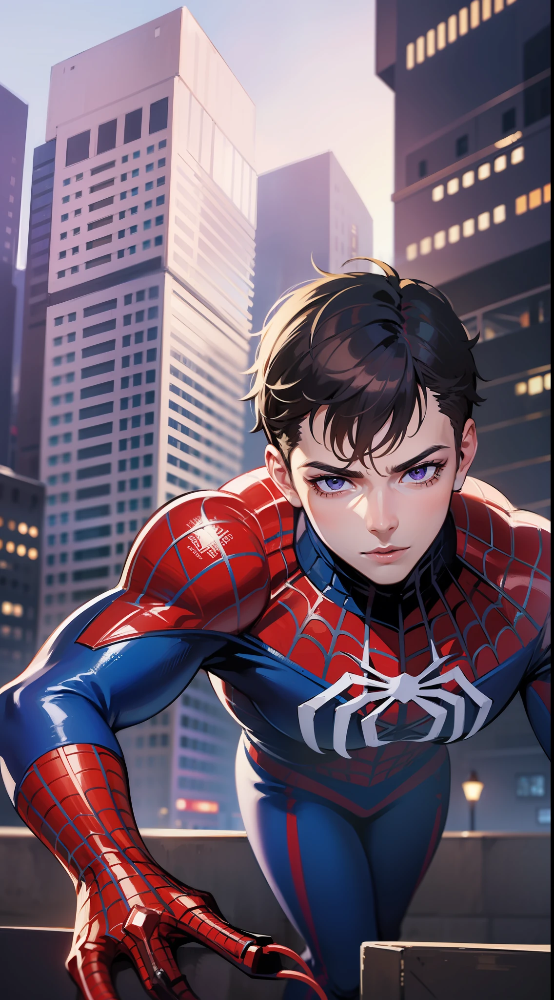 Young guy, short brown hair, violet eyes, Spider-Man 2099, claws, Masterpiece, hiquality