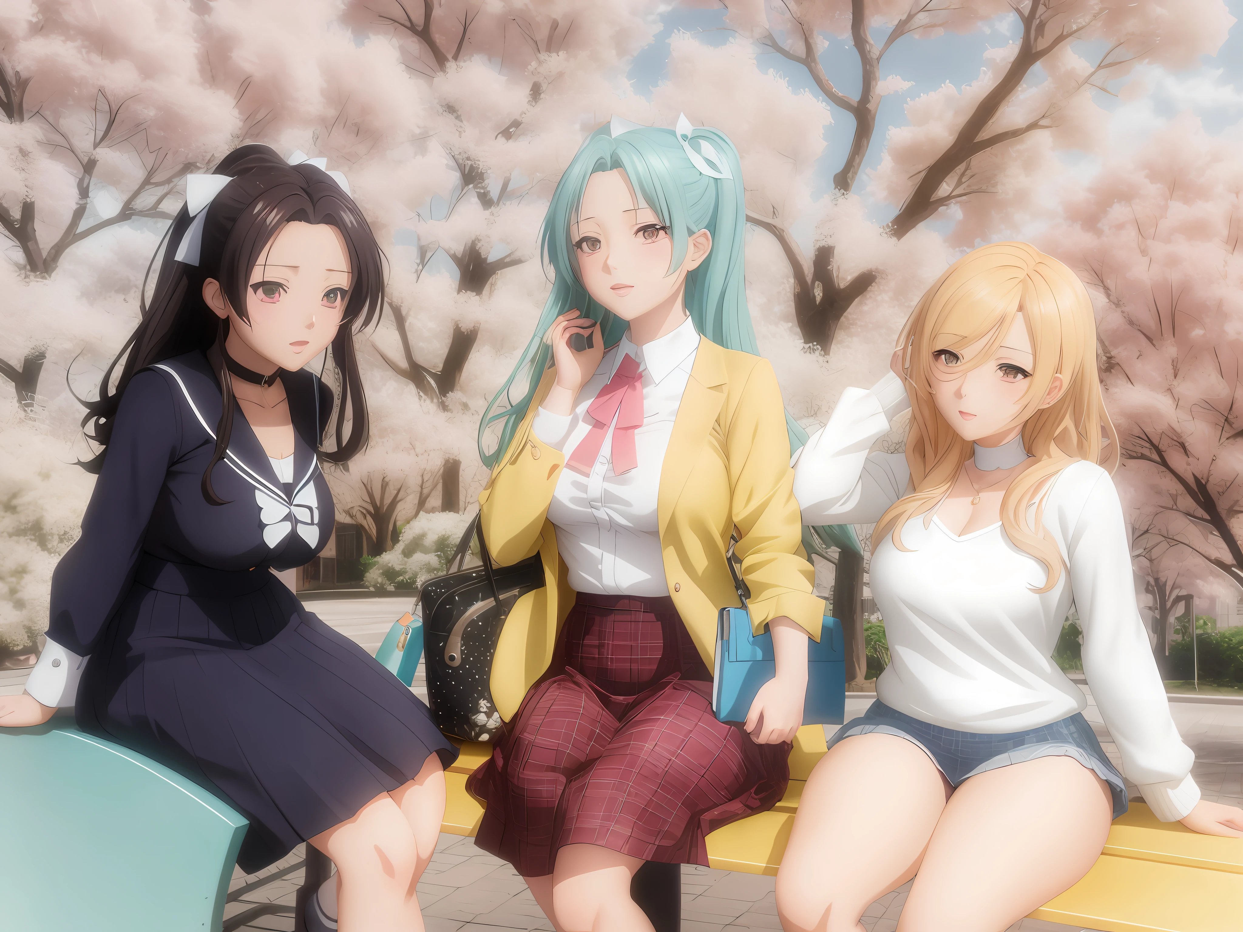 Three women in short skirts sitting on a bench in front of a tree, Anime Girls, Ecchi anime style, digital art in anime style, Anime style. 8K, visual novel cg, In anime style, Anime Art Style, digital anime art!!, my dress up darling anime, Anime Art Style, realistic anime 3 d style, anime style 4 k, digital anime art、Colossal tits、Erotic
