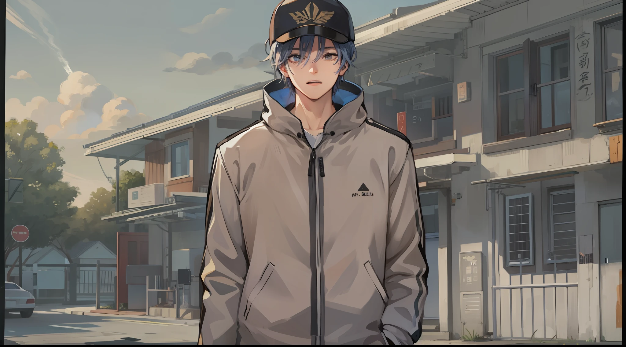 /imagine prompt: A normal male NPC wearing a cap with the word "bullet screen", in a calm residential area with a hint