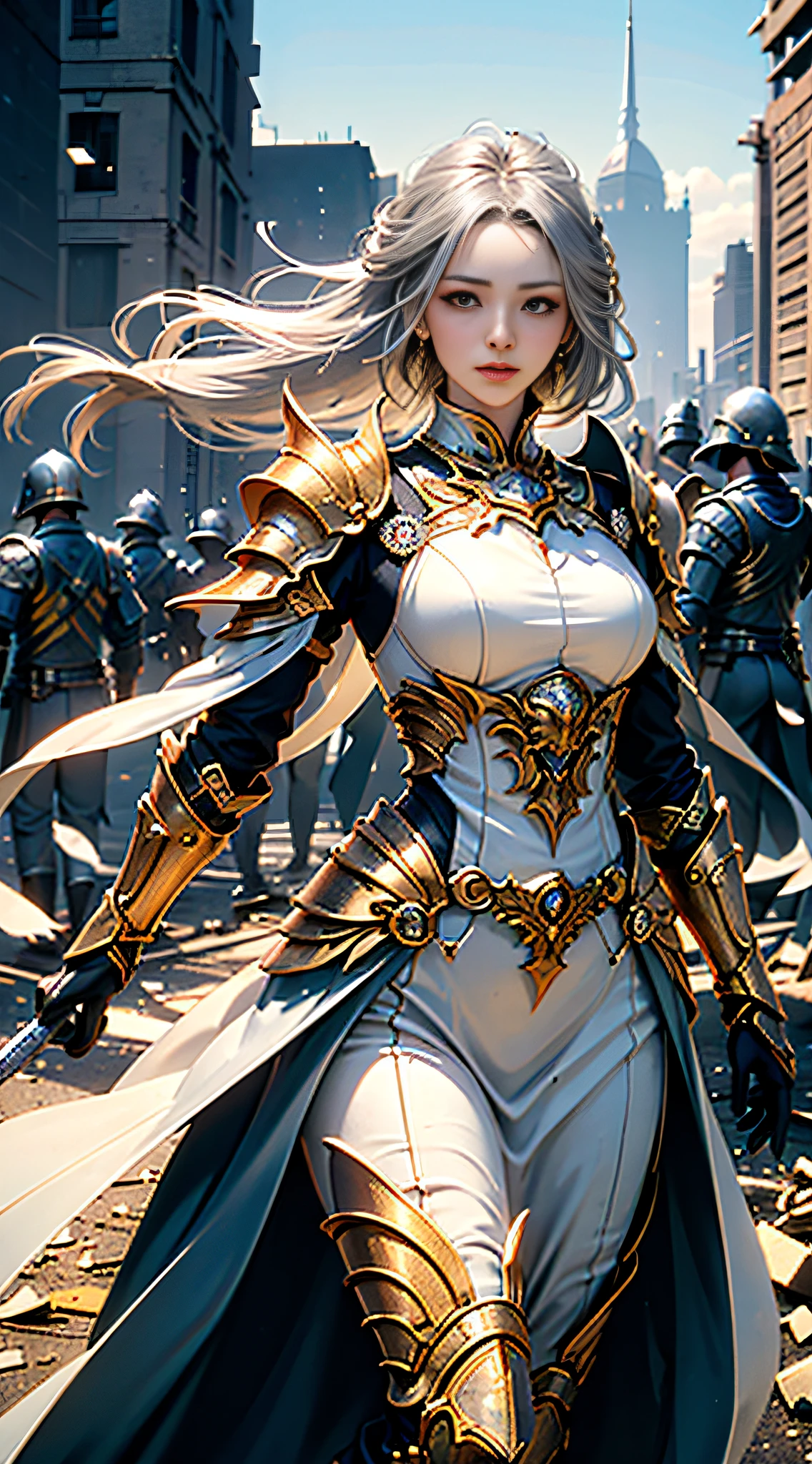 ((Woman, standing on a ruined building, close-up, realistic)) realistic visuals, artistic sophistication, captivating beauty, dramatic contrasts, 8k wallpaper, absurdity, incredible absurdity, golden armor, gadaxintai gaodanvshen, (holding silver sword)), hair floating in the air, ((in battle))