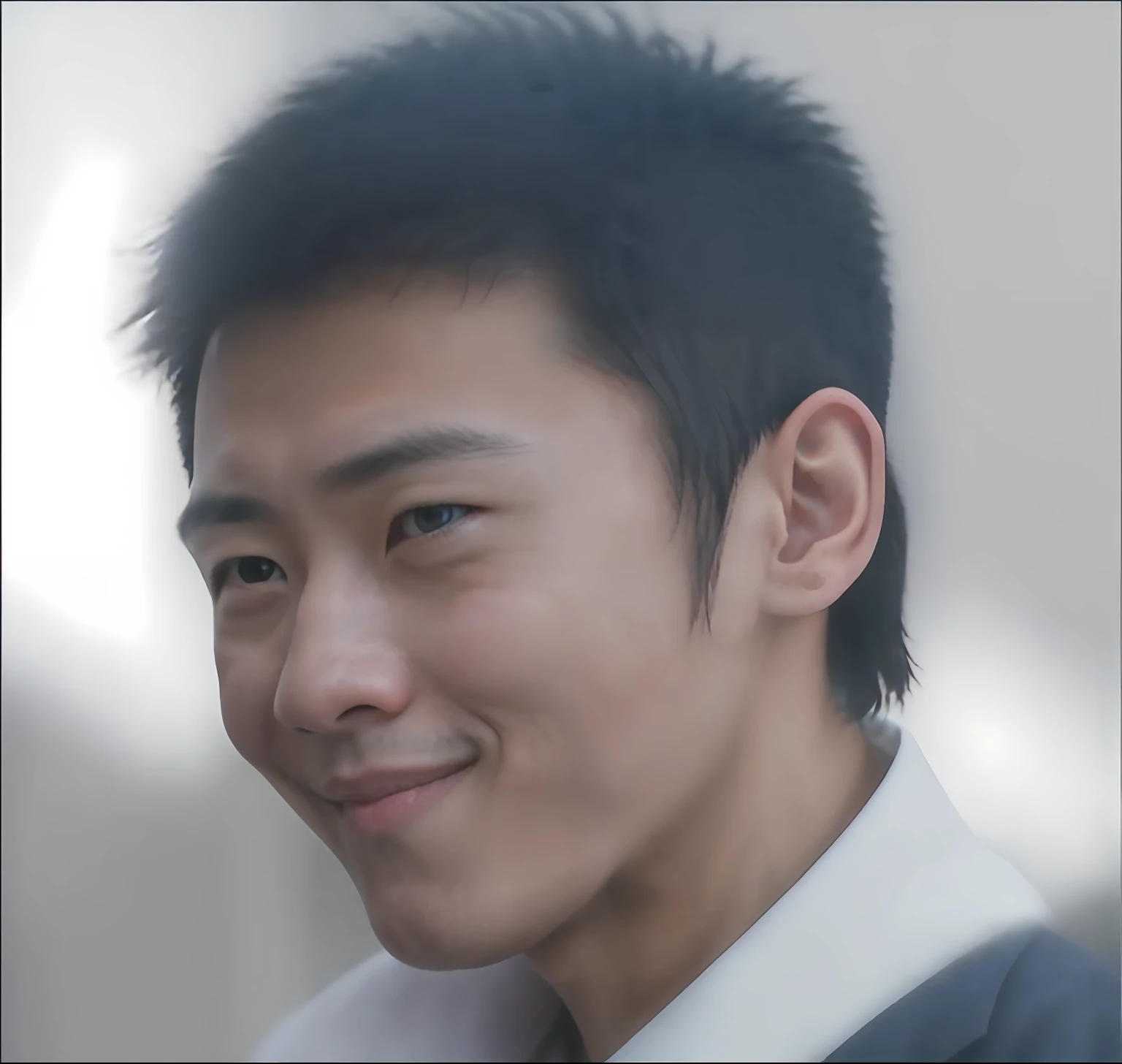 There was a man smiling,With a tie, 1 7 - - old thin face, very slightly smiling, leaked photo, A slight smil, heavy jpeg artifact blurry, ryan jia, reuben wu, grainy low quality, yihao ren, peter xiao, wenjun lin, brian sum, Smiling slightly, very very low quality picture --auto