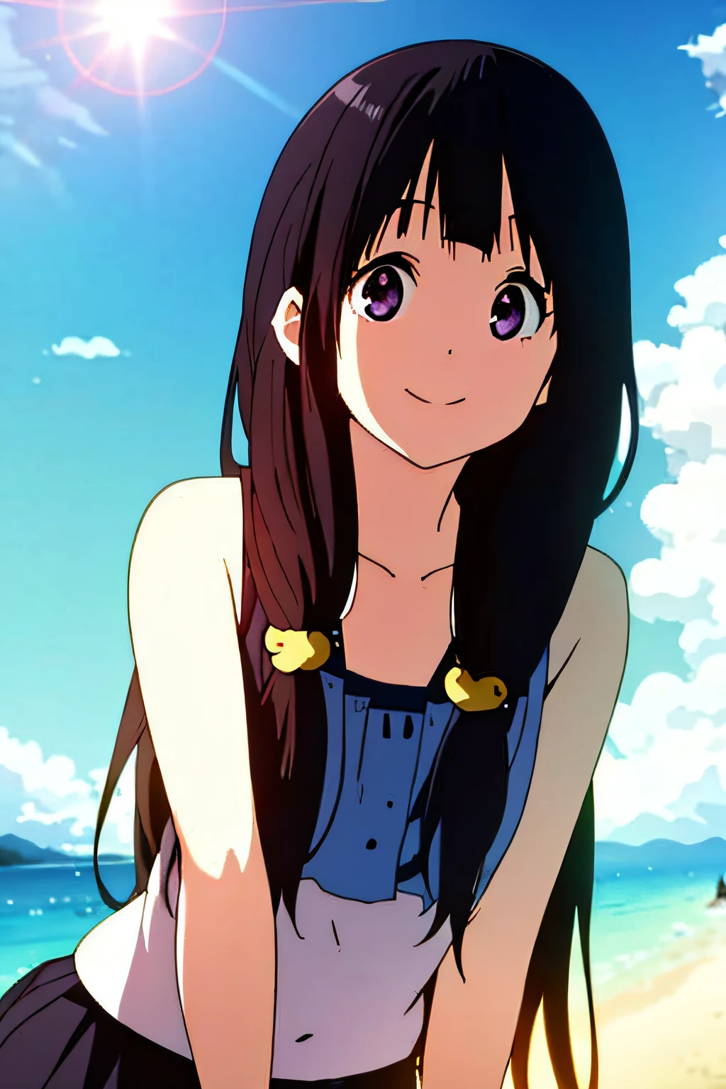 masterpiece, best quality, chitanda_eru, long_hair, closed mouth, looking at viewer, bikini, smile, solo, upper body, beach, blue sky, ocean, lens flare abuse