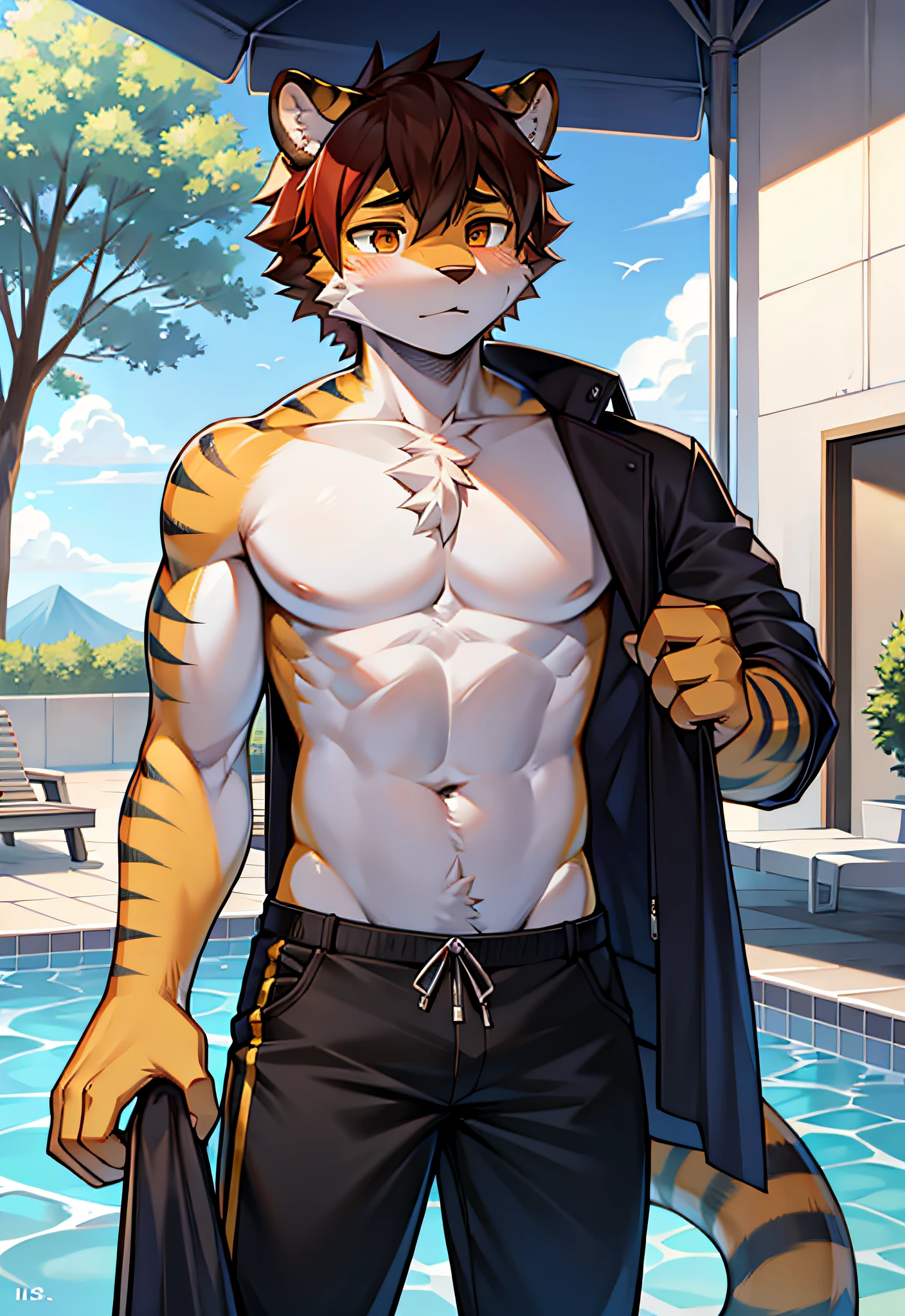 (Furry art,Uploaded on e621:1.4),(tmasterpiece:1.3),(best qualtiy:1.2),(2D:1.0),(illustratio:1.0),(Sharp:1.2),(Pubic area is clear,Shiny:0.8),(impasto:1.1),(ultra - detailed:1.0)(1boys,Solo exhibition),(shaggy:1.6),(tigre:1.2),(Robust)(Tall)(strong)(shorter pants)(Be red in the face)(is shy)(male people)(The large)(Handsome)(strong)(big)(no clothes are worn)(Pool)(swimmning)