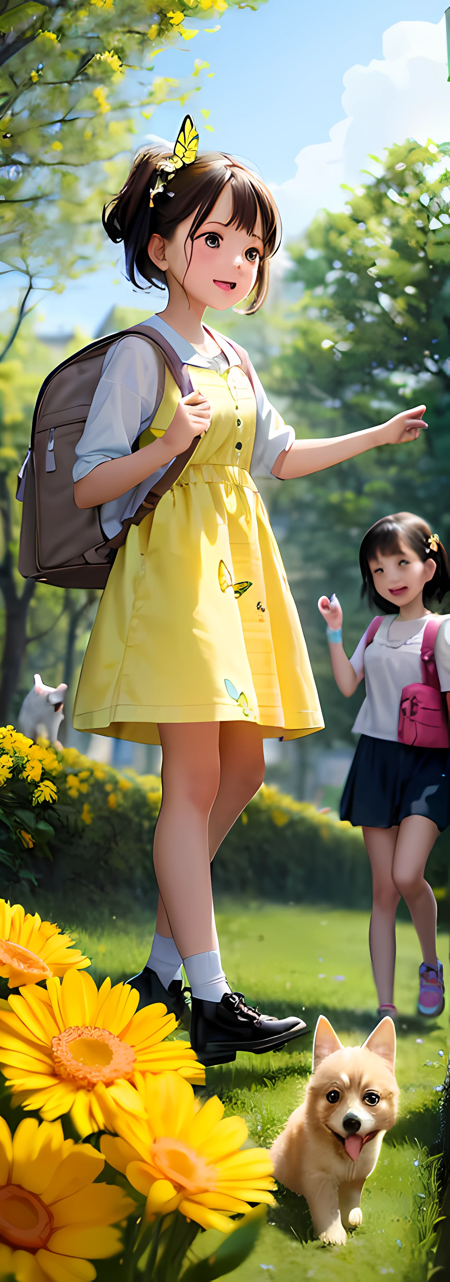 A charming girl with a backpack holding her sister by hand,2 girls enjoying a cute spring outing with their cute puppies,Surrounded by beautiful yellow flowers and nature。The illustration is a high-definition illustration in 4K resolution,With very detailed facial features and cartoon-style visuals,(Butterfly dance)
