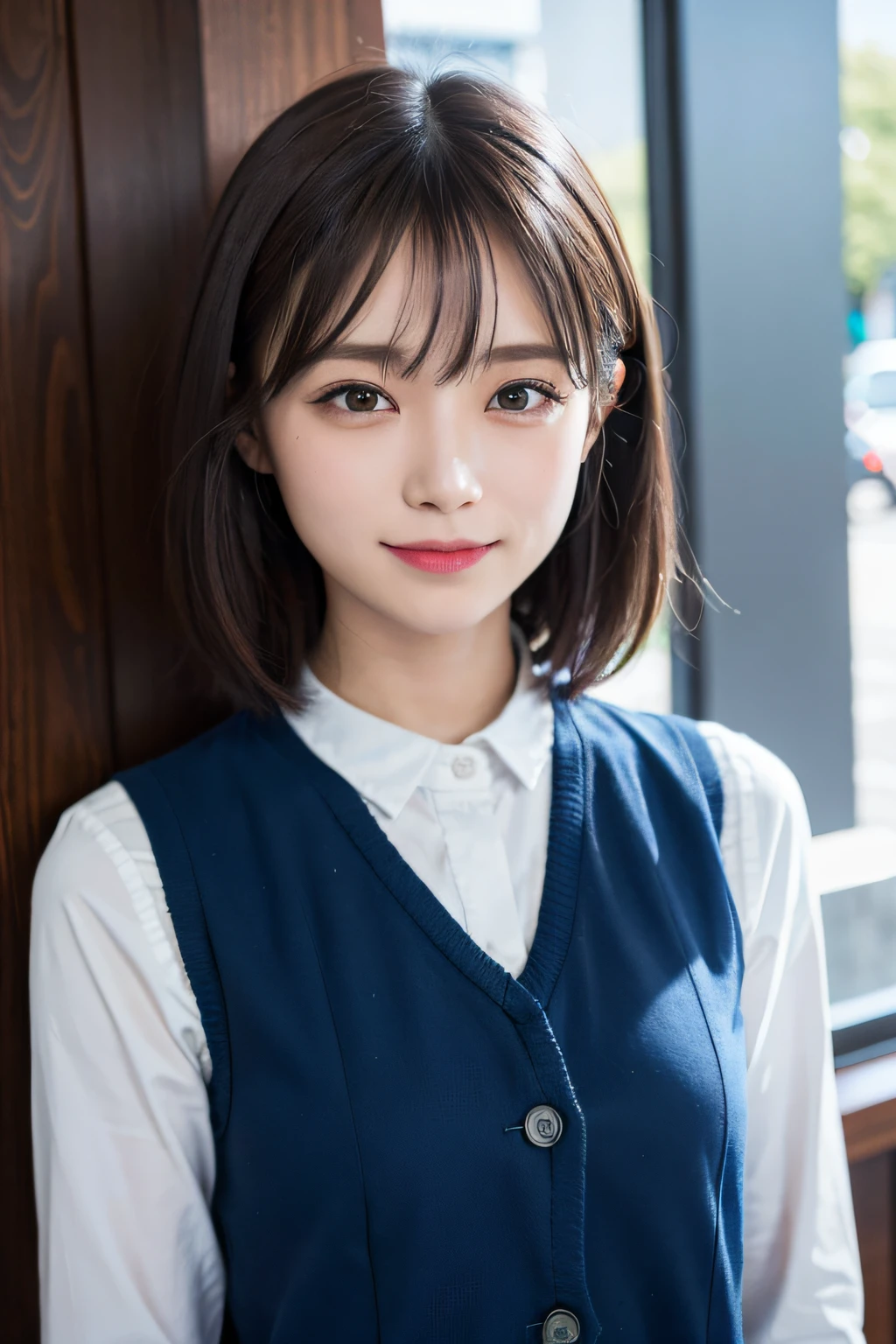(((Medium hair))), Top Quality, 8K, HDR, Hi-Res, Absurdity: 1.2, Photography, (RAW Photos: 1.2), (Photorealistic: 1.4), (Masterpiece: 1.3), (Complex Details: 1.2), 1 Girl, Solo, Japan girls, Delicate and beautiful details, (Detailed eyes), (Detailed facial features), Petite, (Small breasts))), Toned Skin, ( looking_at_viewer), from_front, (Skinny), (Best Quality: 1.4), (Ultra High Definition: 1.2), Cinemalite, (Extreme Detail Illustration), (Lip Gloss, Best Quality, Ultra High Resolution, Depth of Field, Caustics, Broad Lighting, Natural Shading, 85mm, f / 1.4, ISO 200, 1/160 sec: 0.75), 1 girl, solo, ((blue vest))) smile, uniform, necklace, fashionable café: 1.3, black neat and clean clothes, Nogizaka idol, gravure idol, beauty