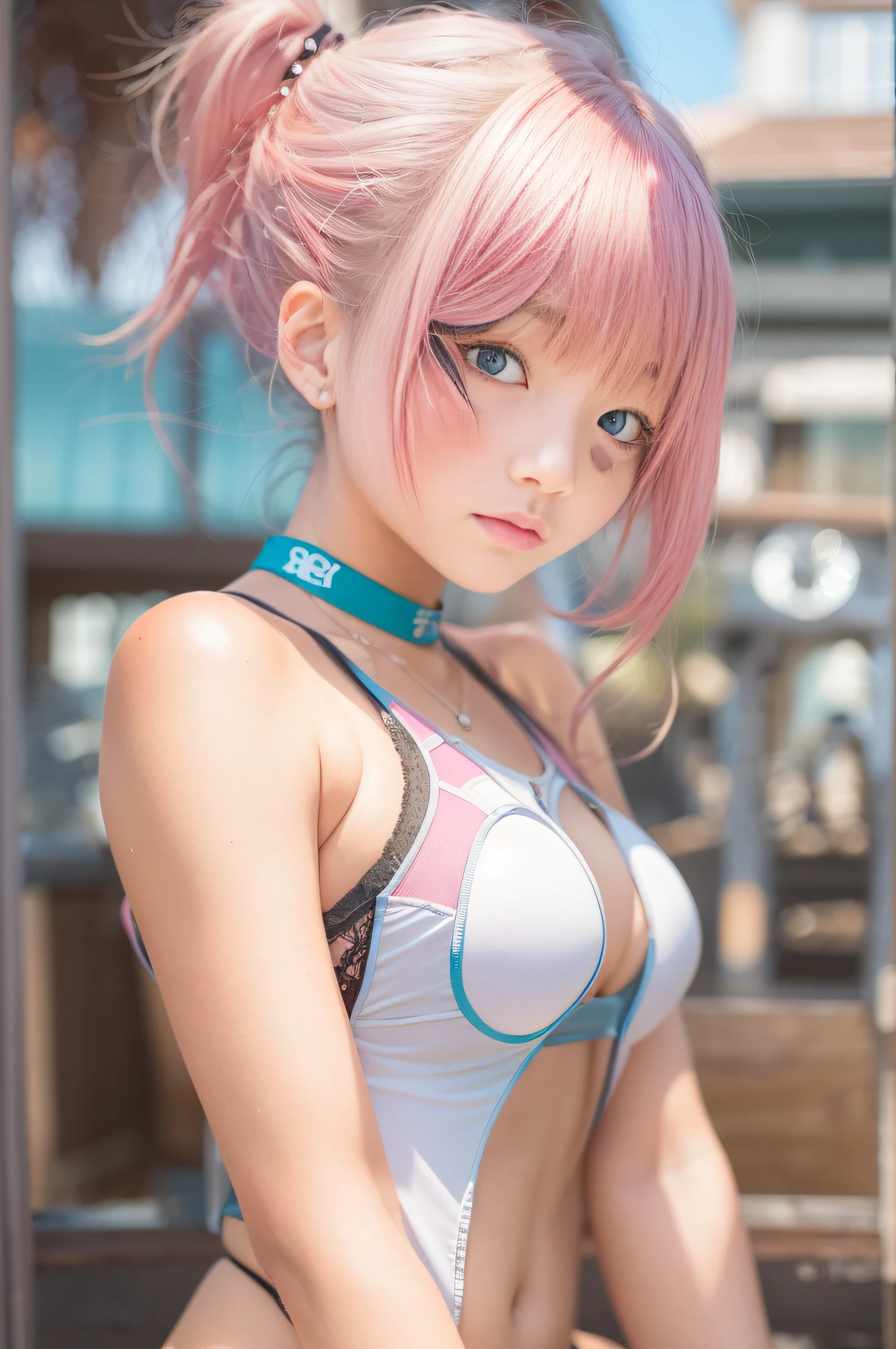 a japanese girl,bustup,A pink-haired,short-cut,Eyes are blue,White swimsuit,with round face,huge tit,Live Action,full bodyesbian,