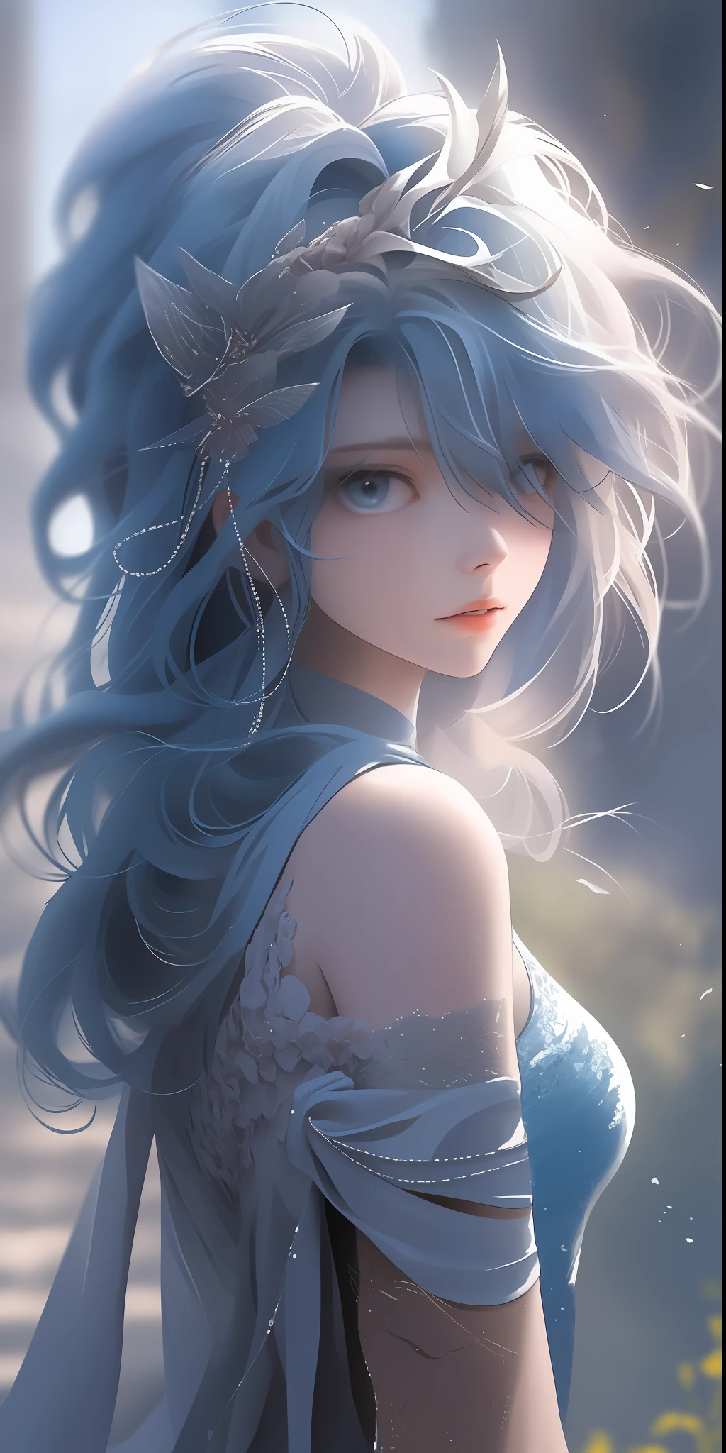 Slim character,Soft,ellegance,Exquisite detail,Clear and high quality illustrations,Beautiful and flexible posture,Delicate skin texture,Slender and slender fingers,Clothing with a sense of transparency,Light, flowing hair in the breeze,Soft light in the natural environment,Quiet background,Quiet and tranquil atmosphere