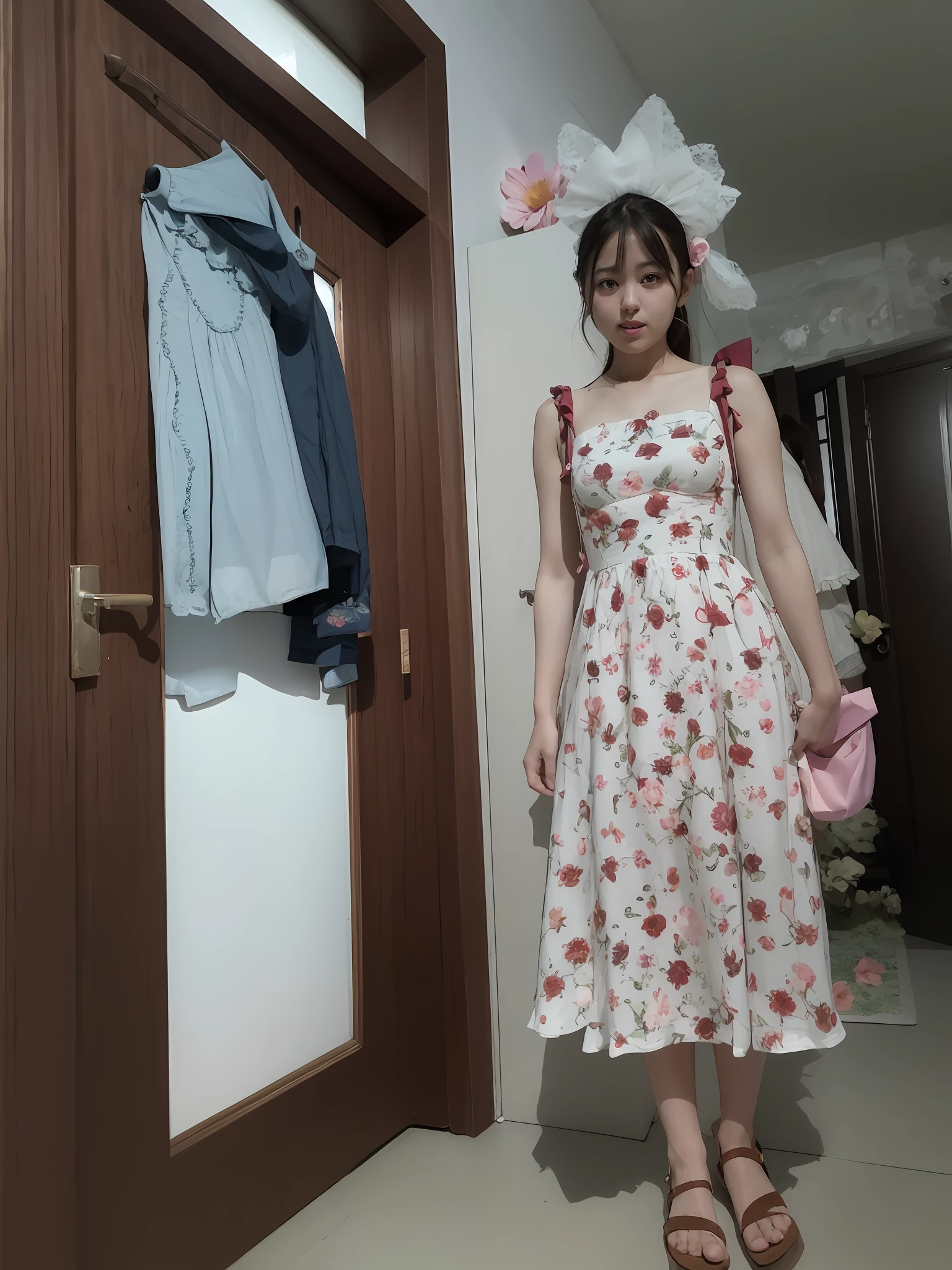 A young girl stands in front of the door, loli in dress, wearing in a summer dress, wearing sundress, wearing a long flowery dress, wearing dresses, Wearing a gorgeous dress, Wearing a dress, wearing a sundress, Summer dress, height of 165cm, opened dress, wearing a sundress, dressed in a flower dress