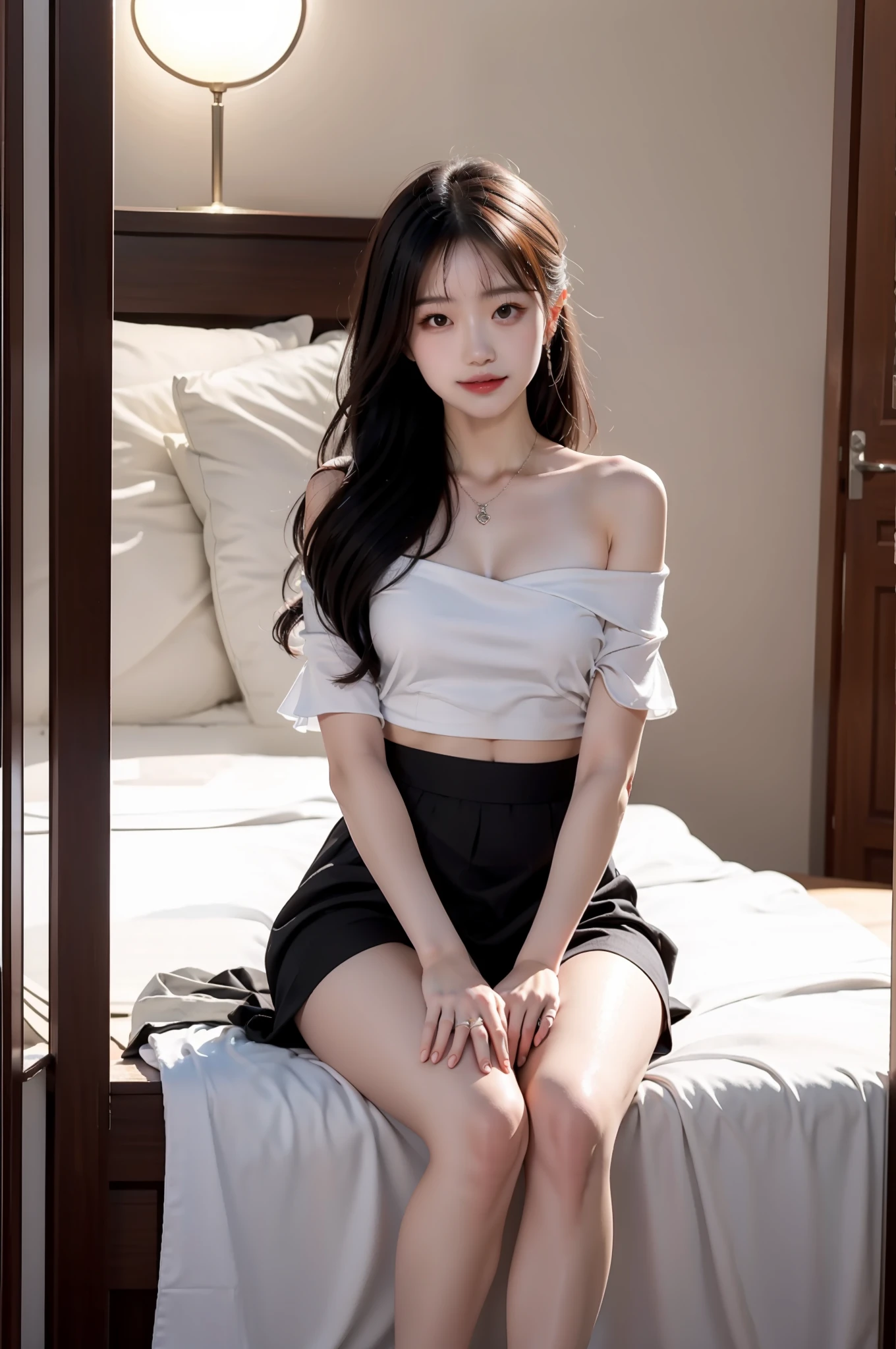 best qualtiy,tmasterpiece,超高分辨率,(真实感:1.4),RAW photogr,1girll,Shoulders exposed,in the darkness nigth,deep shading,low tune,cold light,mall,Black stockings,high-heels,Chest wrap off-the-shoulder suit,girl in real life,Real background,School background,Sit Pose,1 girl,Small chest,ssmile,Real legs。with thin legs,Expose the whole body,Full body photo