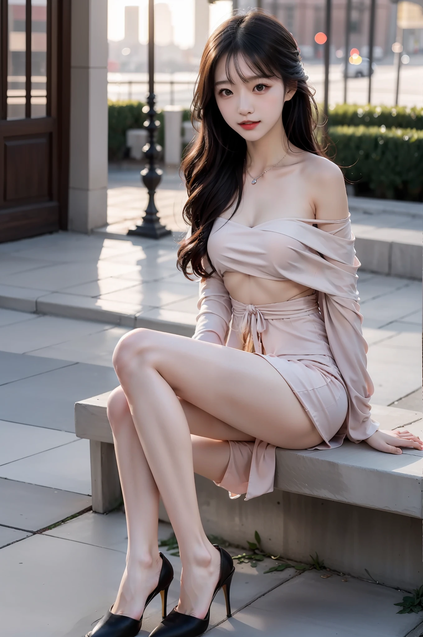 best qualtiy,tmasterpiece,超高分辨率,(真实感:1.4),RAW photogr,1girll,Shoulders exposed,in the darkness nigth,deep shading,low tune,cold light,mall,Black stockings,high-heels,Chest wrap off-the-shoulder suit,girl in real life,Real background,School background,Sit Pose,1 girl,Small chest,ssmile,Real legs。with thin legs,Expose the whole body,Full body photo