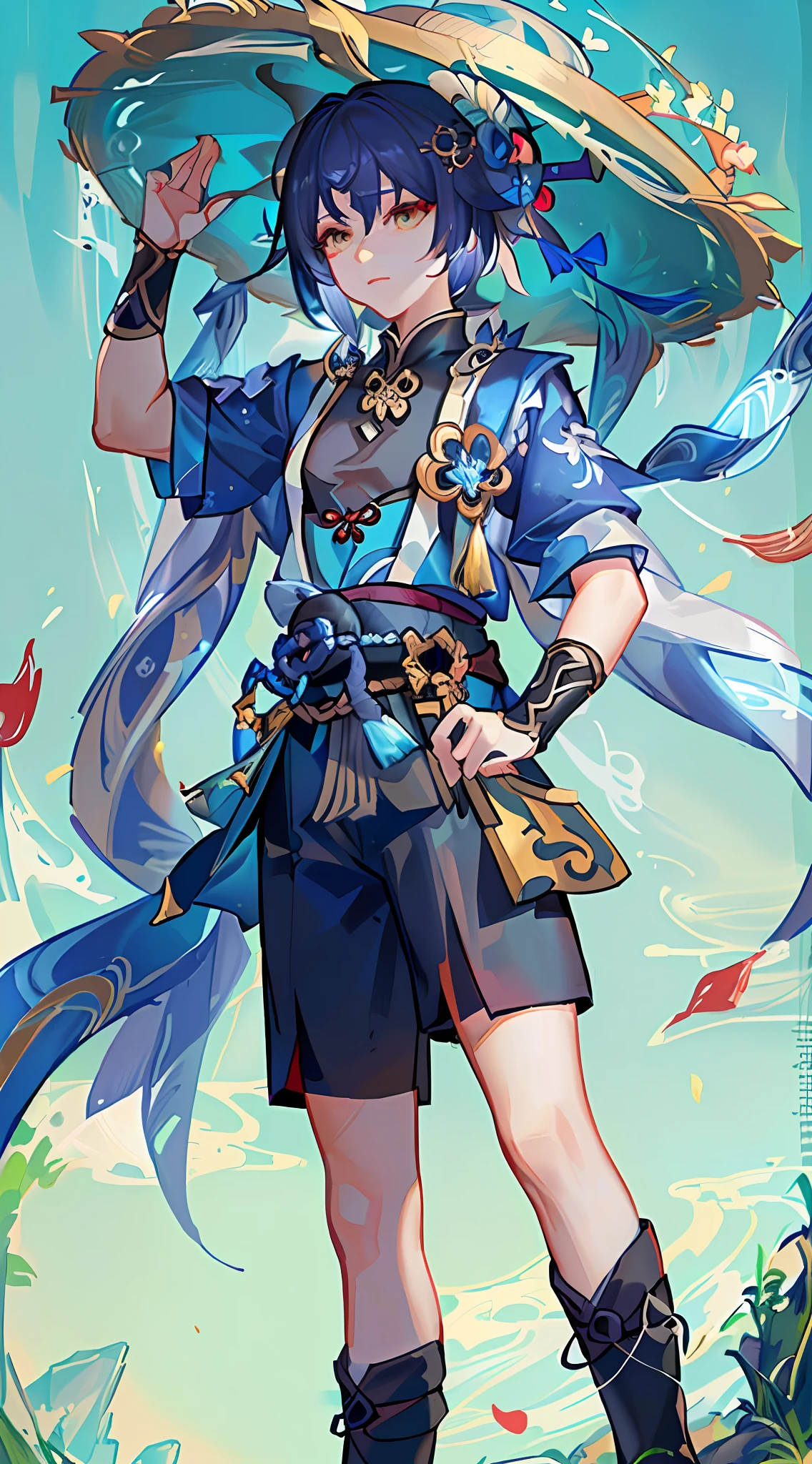 Anime characters with big hat and a sword in the field, Keqing from Genshin Impact, zhongli from genshin impact, Genshin impact's character, Genshin, Genshin Impact style, Onmyoji detailed art, From Arknights, G Liulian art style, full portrait of elementalist, lunar themed attire, onmyoji