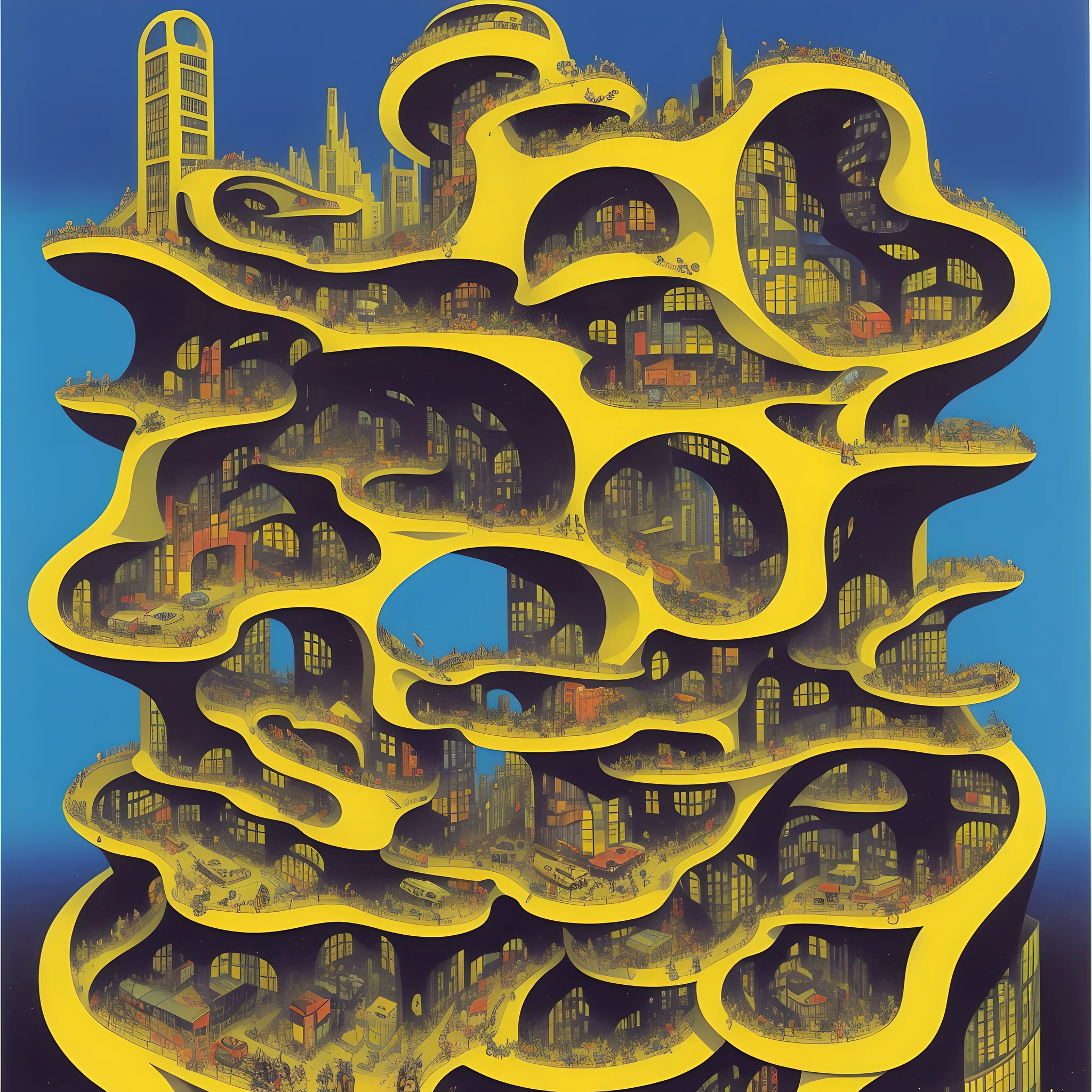 The yellow part shows the architectural shape,Stretching over the complex,optical illusions,paradox,afofuturism & harlem renaissance, paul lehr and m. c. Escher --auto