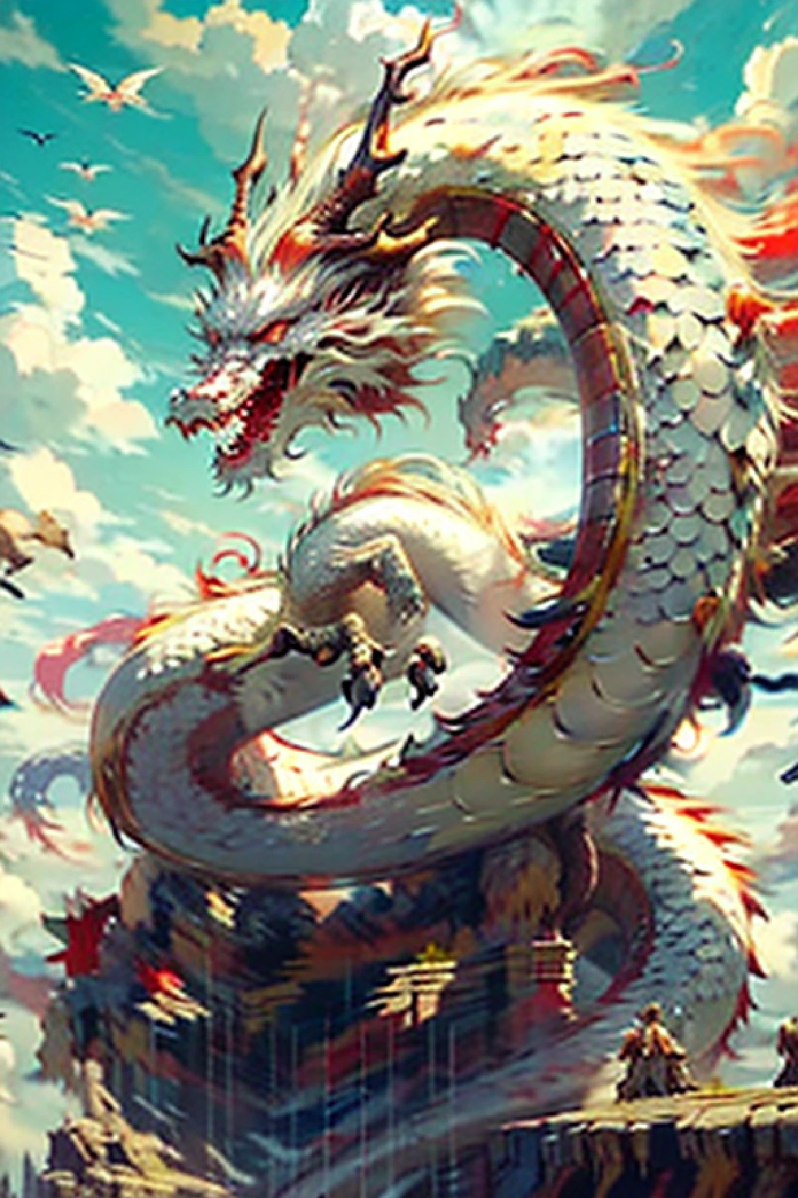 Best quality, masterpiece, ultra high res, naked non-humans, (long: 1.2), sky, red eyes, cloud, scales, dark oriental dragon, open mouth, sharp teeth, flying, horns, teeth, day, claws, fangs, blue sky