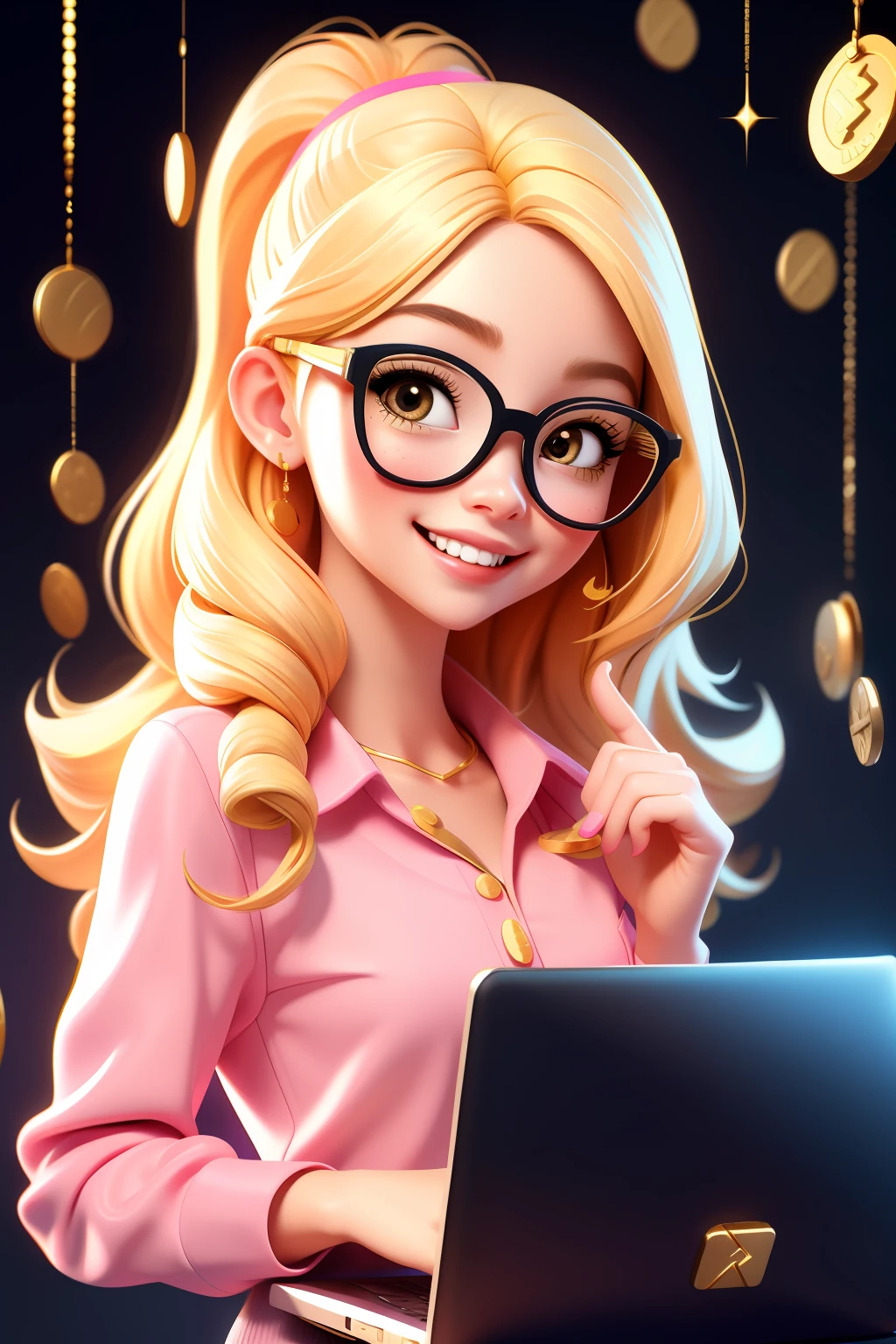 Lovely girl holding a computer in her hand, smiling mouth, wearing glasses, chic style. Pink shirt, blonde hair. Many gold coins glittered around.