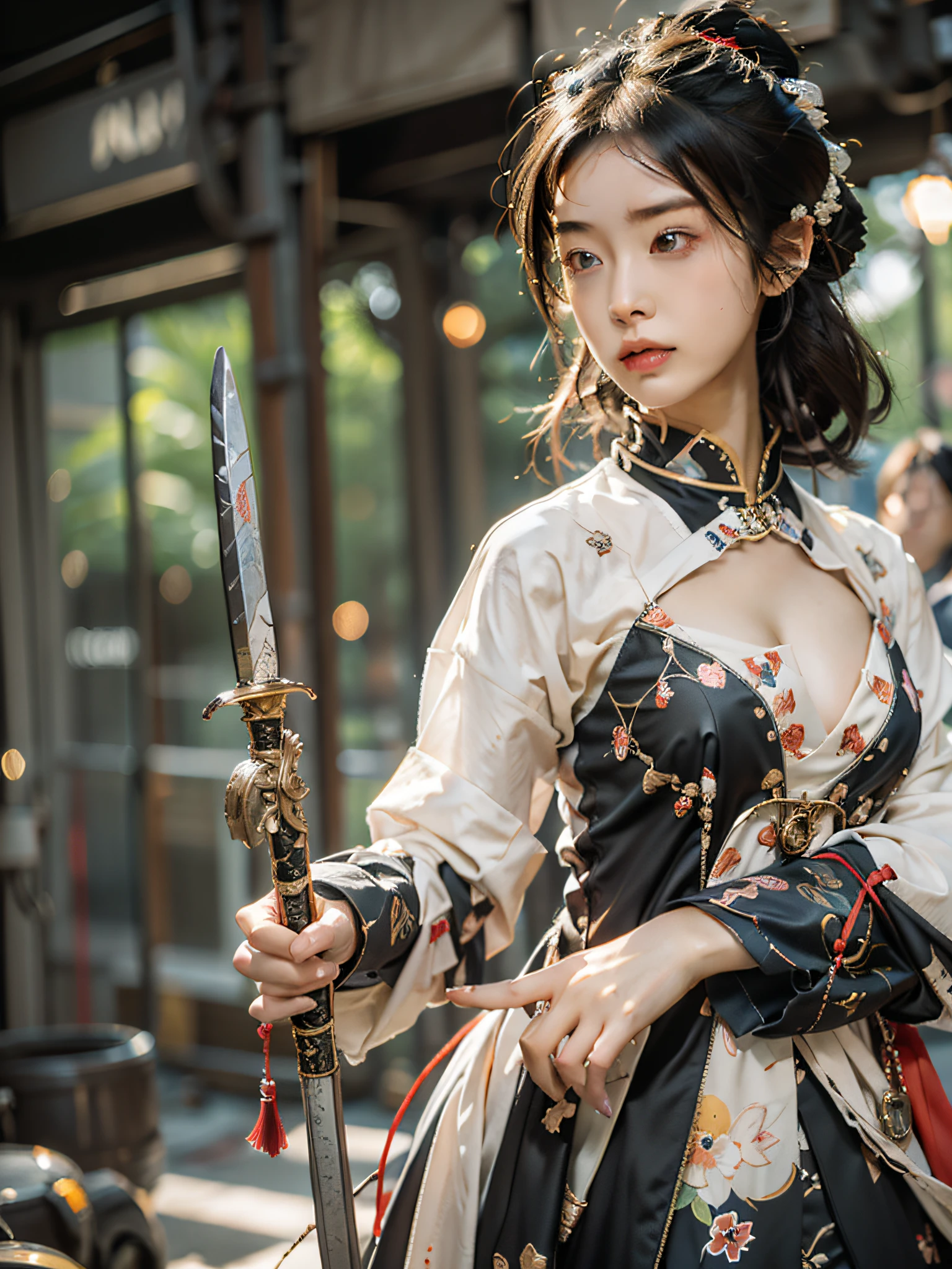 Best quality at best,tmasterpiece,超高分辨率,(真实感:1.4),(sword1.2),Detailed details,1girll,Combat posture,cleavage,a beauty girl,(Handheld weapon 1.3),mechs,A mechanical,ellegance,Clear focus,gentlesoftlighting,vivd colour,tmasterpiece,