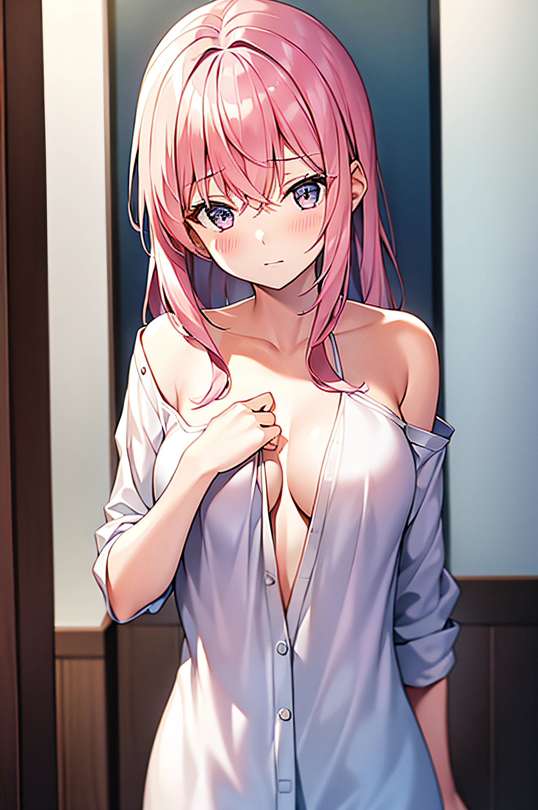 1girl in,Pink hair,Hide with your hands without a bra