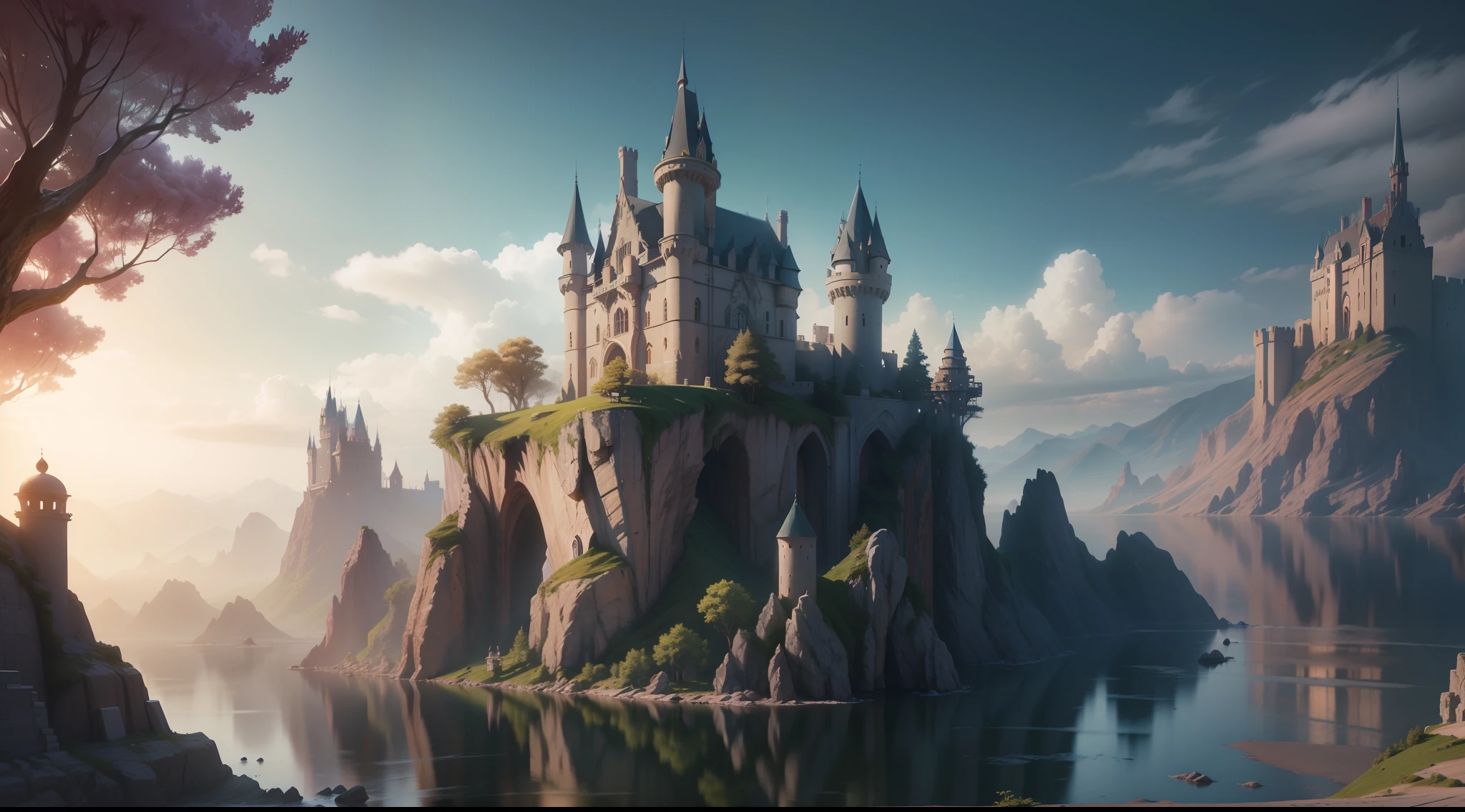 There is a picture with a beautiful fantasy landscape of the castle, epic dreamlike fantasy landscape, stuning fantasy 3 d render, fantasy sea landscape, Fantasy background, beautiful render of a fairytale, Fantasy landscape, impressive fantasy landscape, beautiful detailed fantasy, high detailed digital art, fantasy matte painting，8K high quality detailed art, fantasy scenery