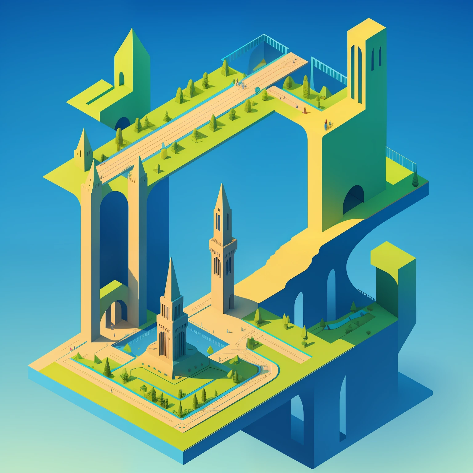 Monument Valley Style 2.5D illustration,Solid geometry,tall house,Isometric graphics,Dream of the future sky garden,Creative wide-angle composition