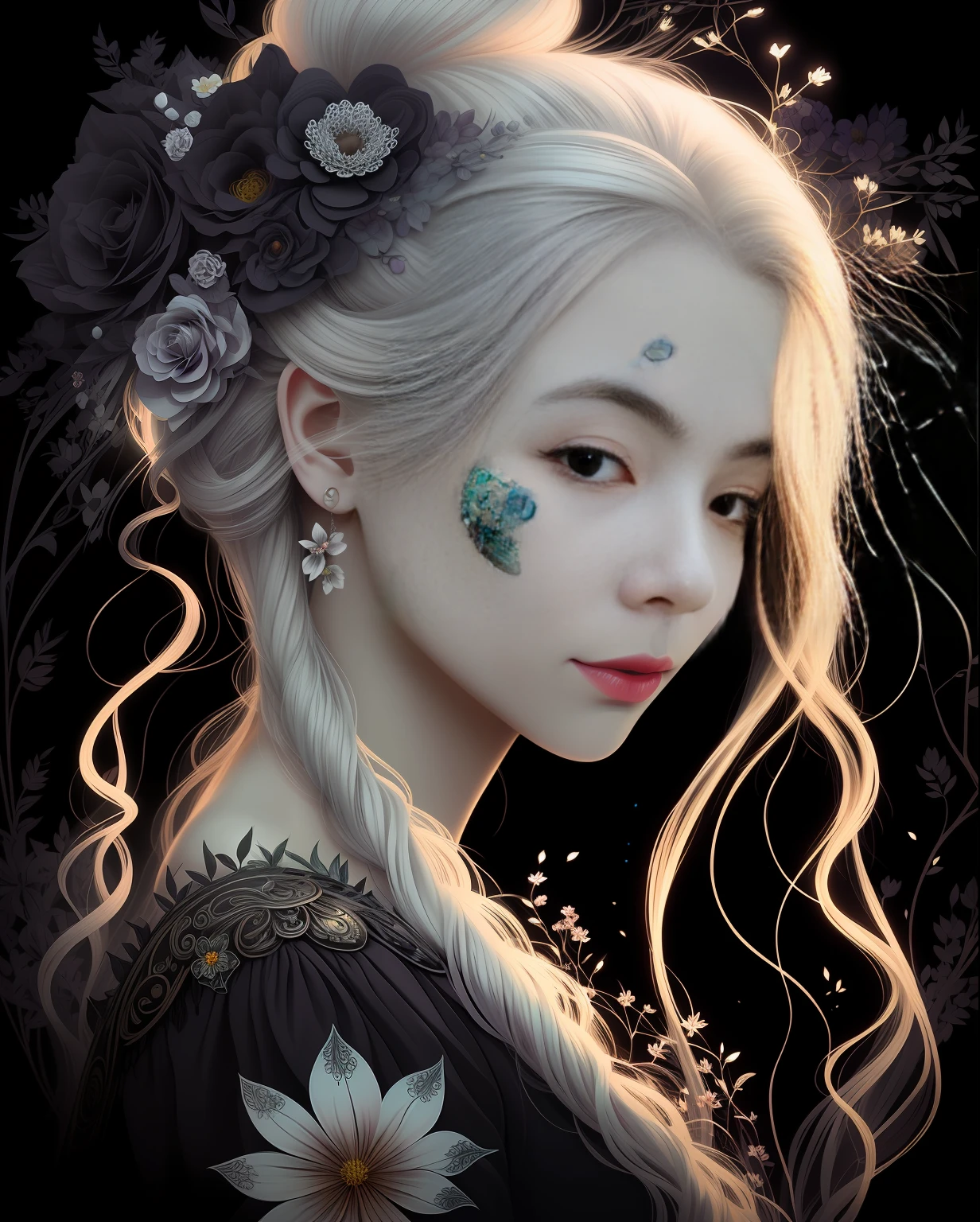 a close up of a woman with long hair and a flower in her hair, detailed matte fantasy portrait, beautiful fantasy art portrait, fantasy art portrait, beautiful fantasy portrait, fantasy portrait, a beautiful artwork illustration, detailed fantasy digital art, fantasy art style, detailed fantasy art, fantasy portrait art, dark fantasy portrait, dark fantasy style art, beautiful fantasy art, beautiful digital illustration --auto