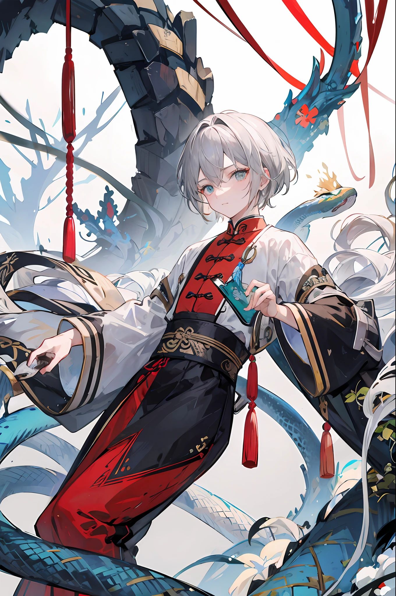-yeld maith gray hair,The clothes are Chinese antique and entangled with white giant snakes