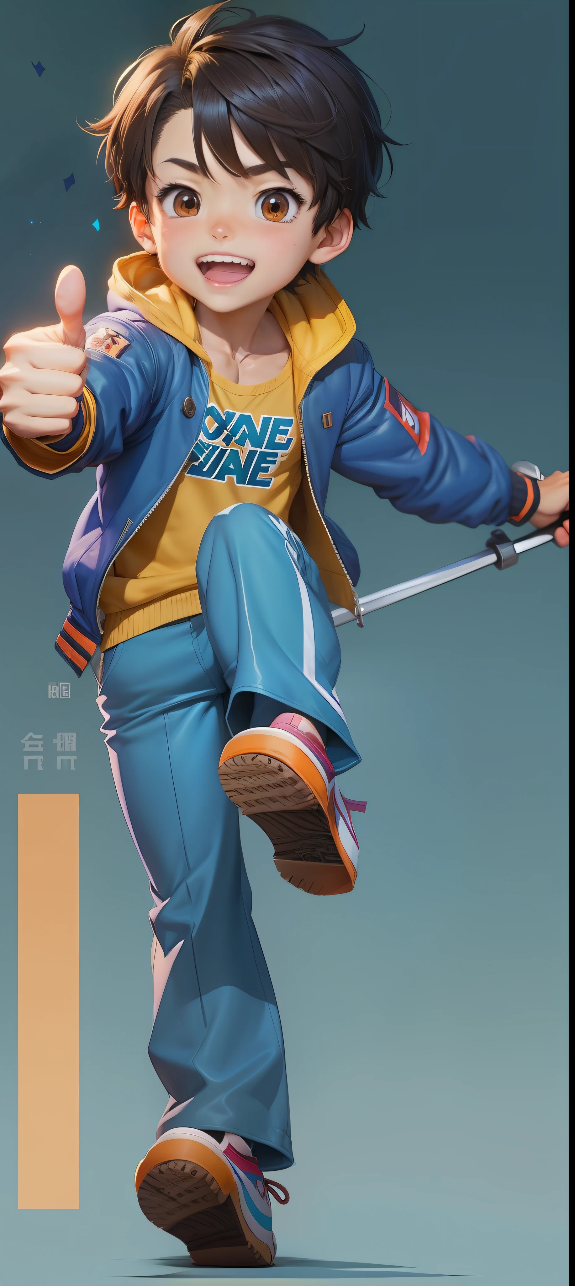 cartoon boy in blue and orange jacket with thumbs up, Kentaro Miura!, offcial art, official character art, with index finger, 《The King of Fighters》role, pixiv contest winner, winning illustration, full body mascot, official character illustration, Handsome anime pose, kentaro miura manga style, wining, anime figure, anime style character, young anime man