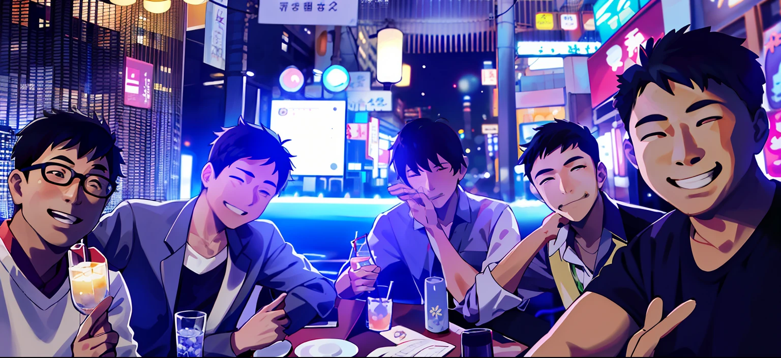 Several men sat at a table,Drinks and drinks in front of you, personal profile picture, profile picture 1024px, profile photo, on rooftop tokyo night, low quality footage, On a summer night, photograph taken in 2 0 2 0, xintong chen, tokyo izakaya scene, taken in the early 2020s, Group photo, screengrab