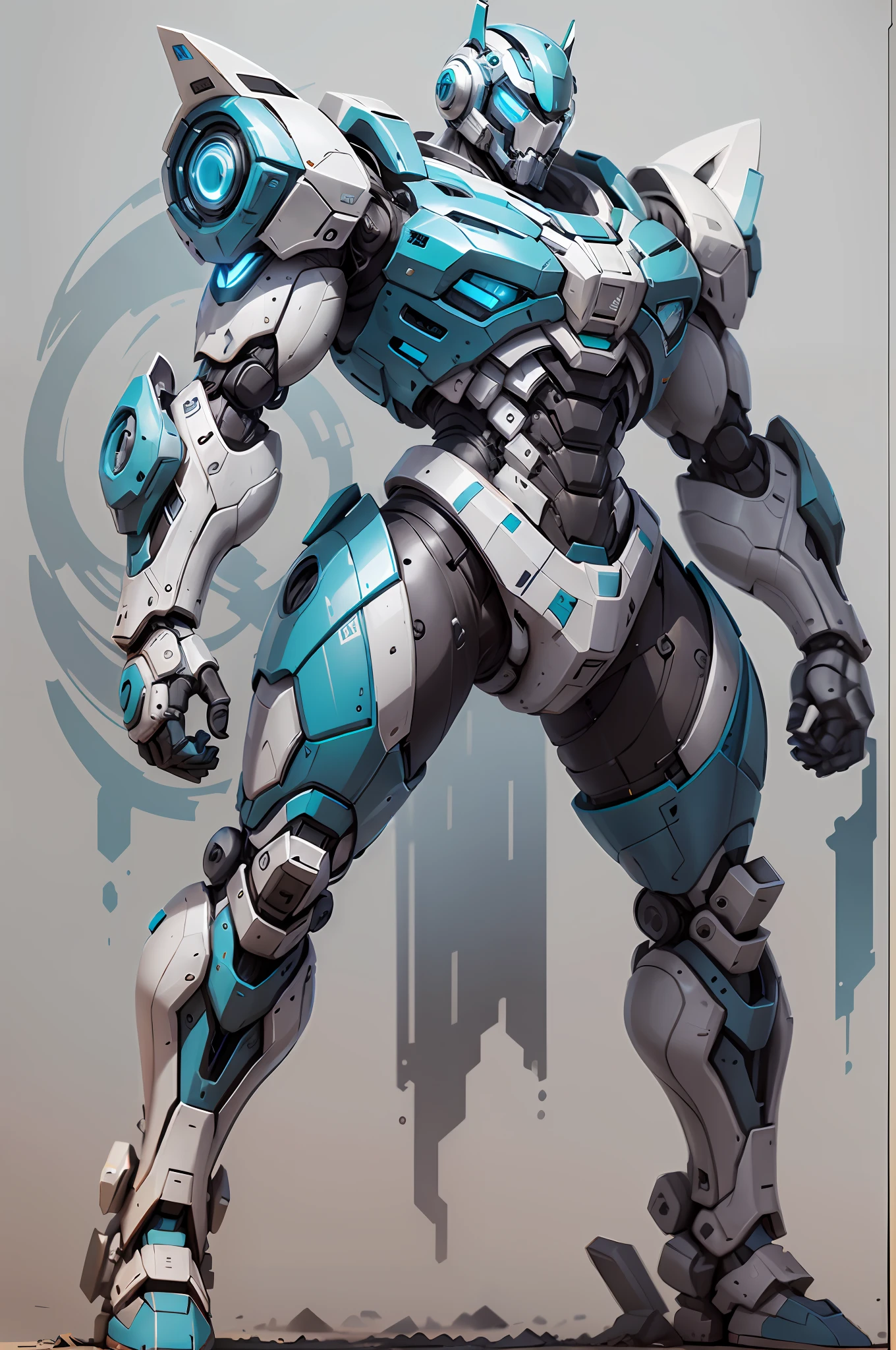 Teal and white theme,Cyan and white background,Tall mech,Blue-white mech,High-tech helmet,Simple appearance,muscular plump,Aggressive posture