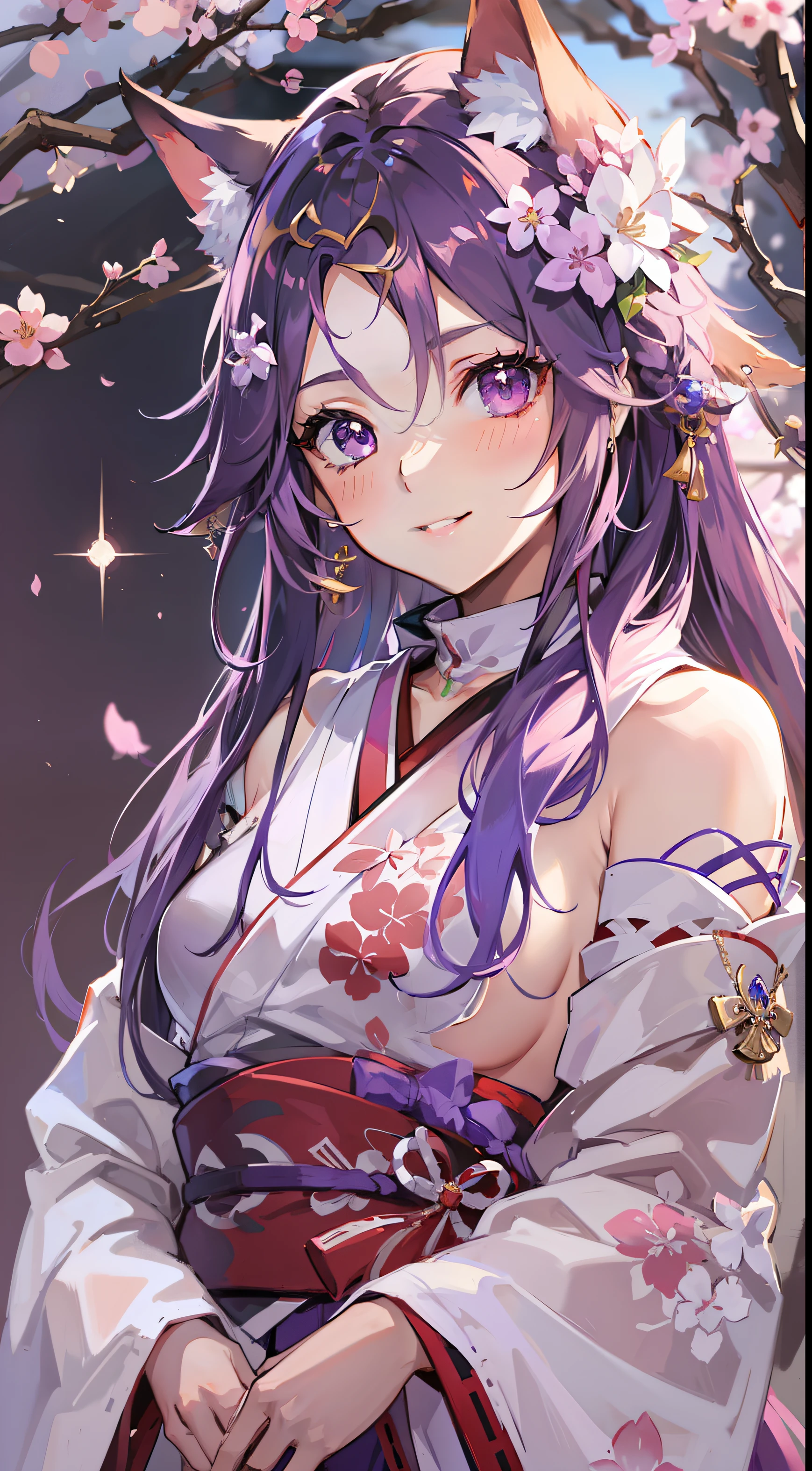 High Picture Quality，Best quality, Masterpiece, A high resolution, 1girll,Female,Solo, Mature female,Yae Miko, 1girll, \n/, Animal ears, Bare shoulders, Blush, Breasts, Cherry blossoms, Closed mouth, Detached sleeves, Earrings, flower, Fox ears, Pedras preciosas, hair between eye, hair adornments, Japanese clothes, jewelry, komono, Long hair, Medium breasts, miko, nontraditional miko, Pink eyes, pink flower, Pink hair, purple gemstone, Short kimono, side locks, Smile, Solo, Upper body, White kimono, ((Masterpiece)), ((full bodyesbian)), standing in front of japanese temple, purple ghostly fox tails, sakura petal, purple sparkles