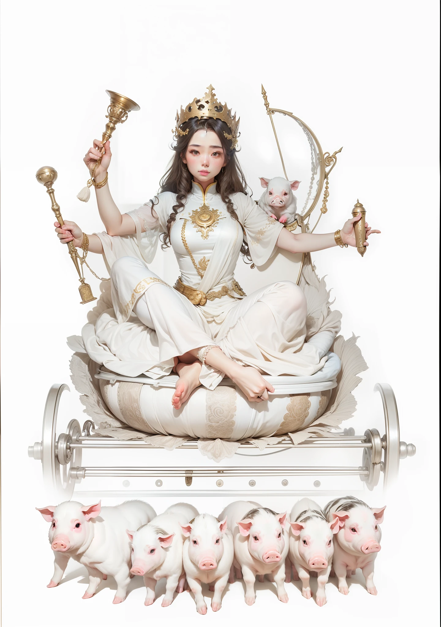 The beautiful goddess sits cross-legged and barefoot on a lotus seat,Beautiful figure,The human body is anatomically precise,Wearing a golden crown on his head,((Hair drapes over the shoulders)),(((Six arms)))Each hand holds a magic weapon,Light blue dress,There are seven piglets pulling the cart together(There are no other extra piglets in the picture),The trolley has two wheels,There are no piglets on the shoulders。There is a circular light behind the background head,Clear and clean sky,