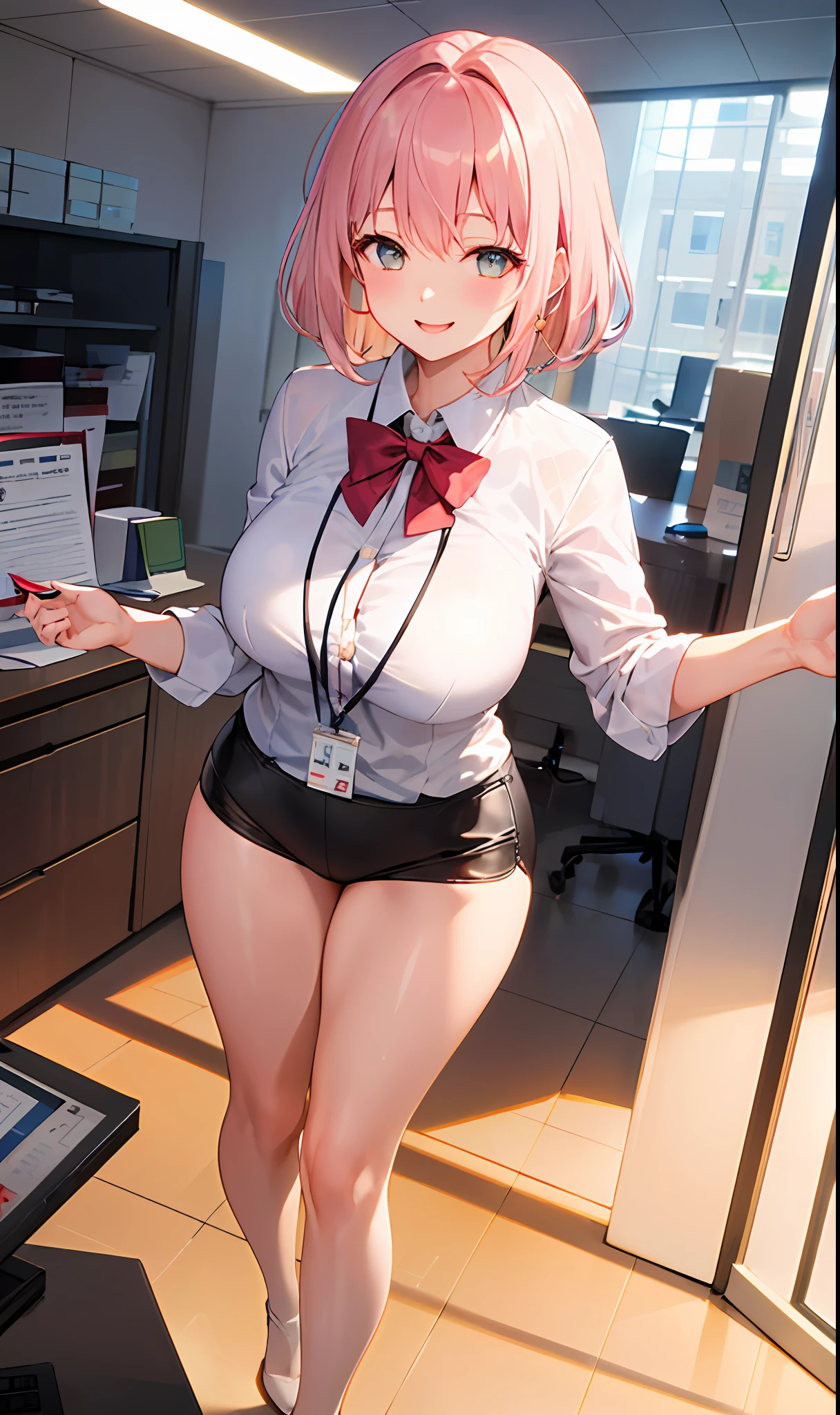 ((masterpiece, best)),(1girl),((mature woman)), light pink hair, dizzy, trumpet, ((office lady)), bangs, mid-chest, (full), slim, smiling, [wide hips] ,office,standing, aru \(blue archive\),