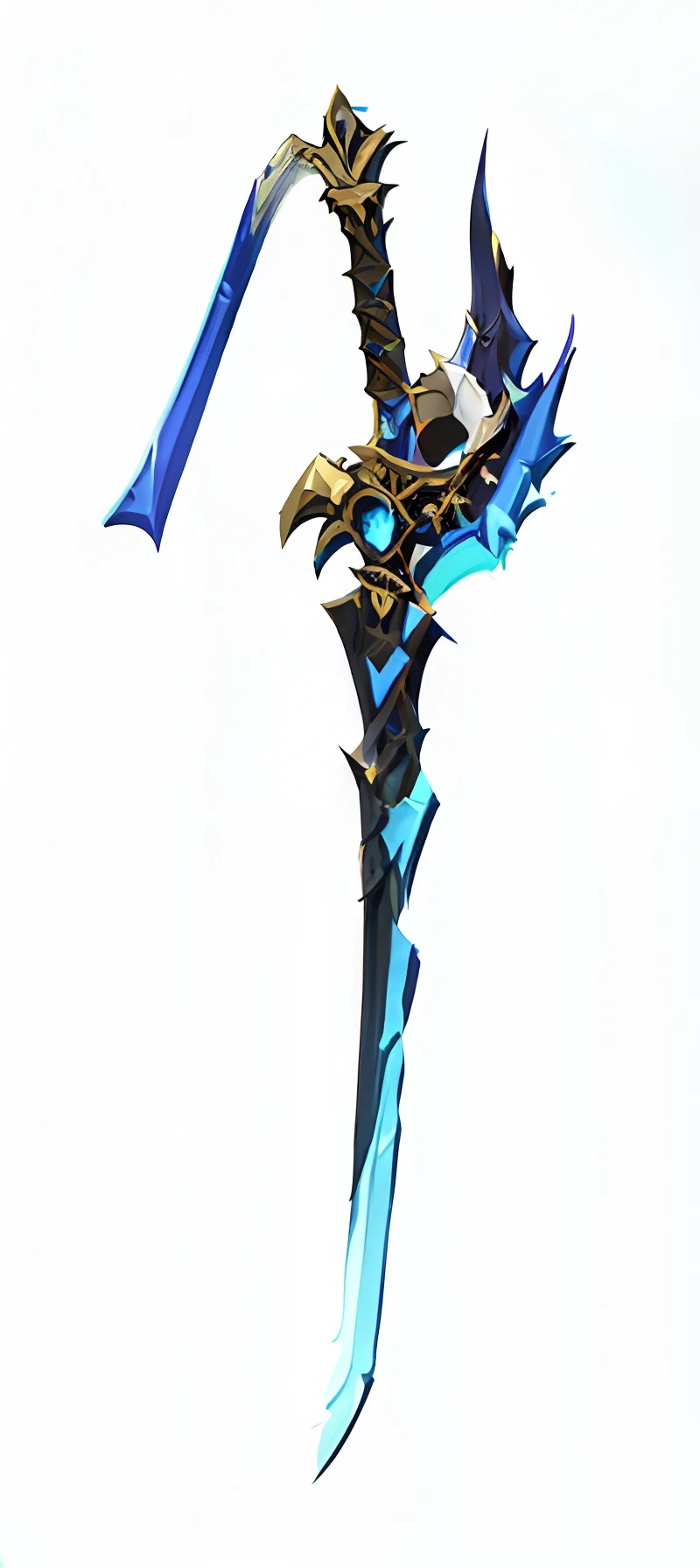 A blue and black sword,Blue handle and blue tassels, war blade weapon, The sword, style of ghost blade, with leviathan axe, warcraft blizzard weapon art, style of duelyst, magical sword, an axe elemental, hearthstone weapon art, beautiful sword, draconic staff, Huge sword, intricate fantasy spear, Fantasy Blade, realistic lance, sword design