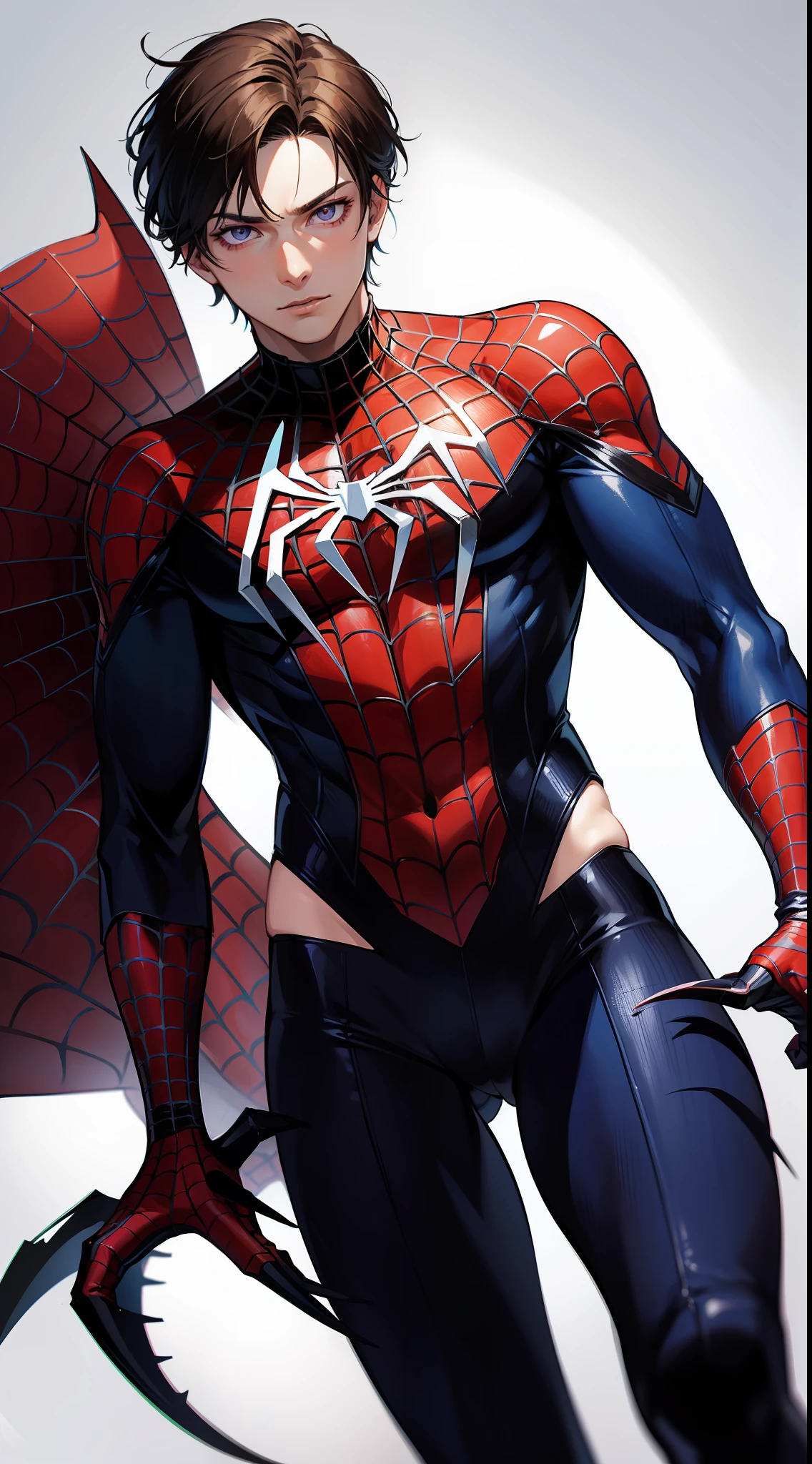 Young guy, short brown hair, violet eyes, Spider-Man 2099, claws, Masterpiece, hiquality