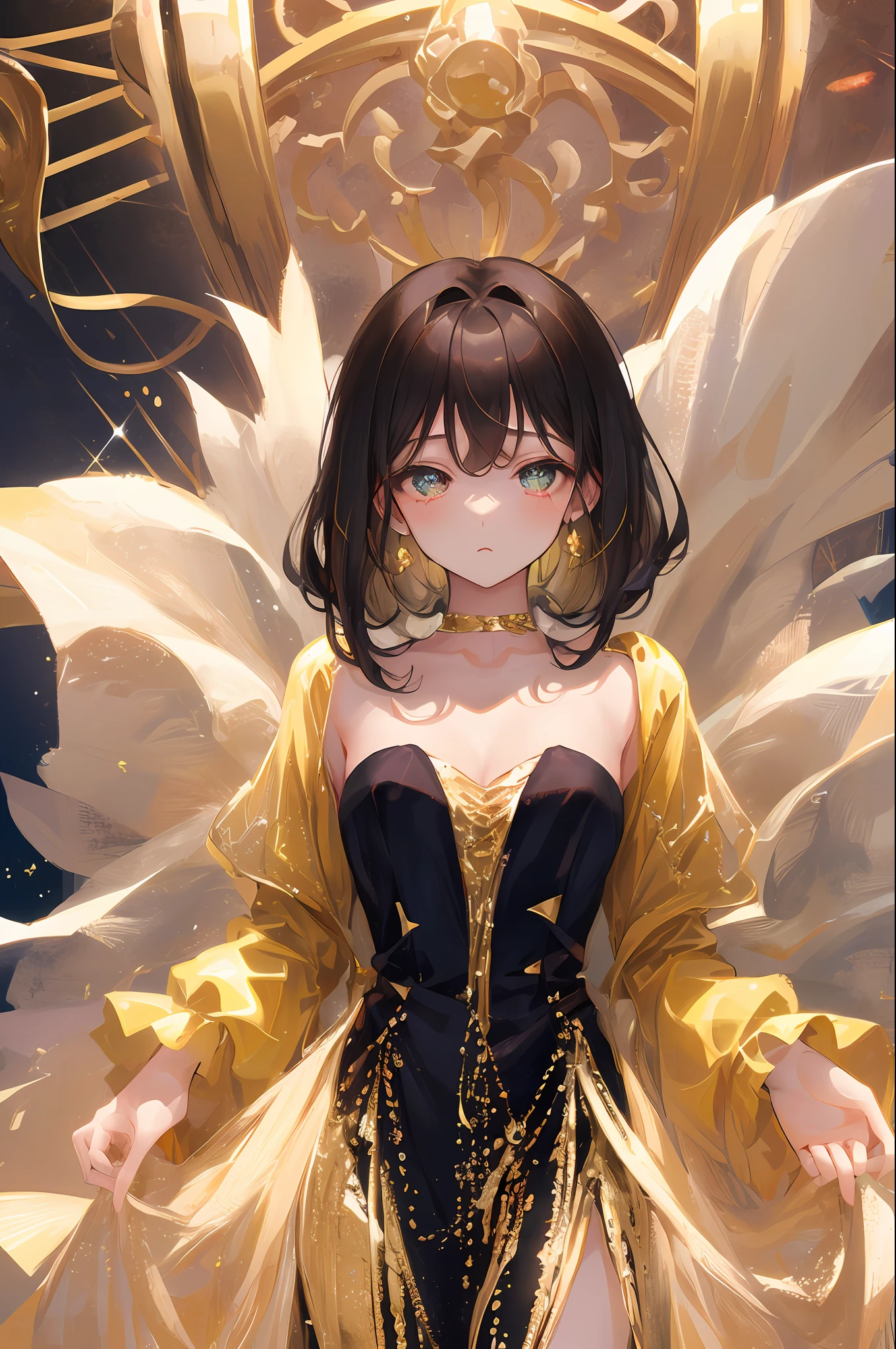 ((tmasterpiece、Need、Super meticulous))?A high resolution?A beautiful girl playing solo in the image,She has golden sparkling eyes,?A perfect age ?15year old,Brown hair。Black and white gold theme。