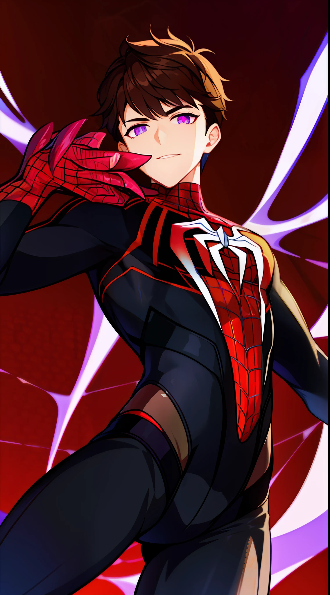 Young guy, short brown hair, violet eyes, Spider-Man 2099, claws, Masterpiece, hiquality