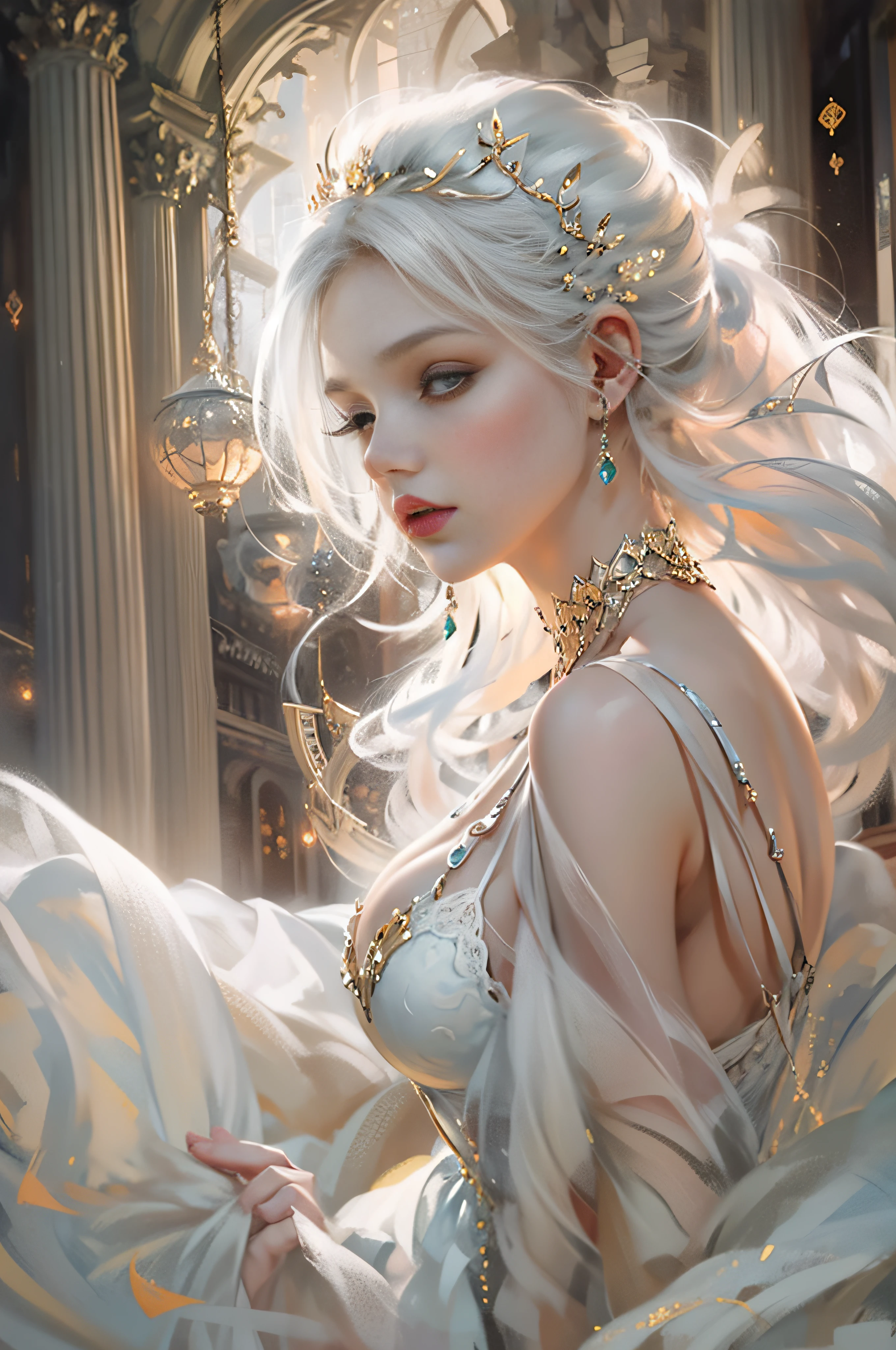 A woman with white hair and a tiable sitting on a bed - SeaArt AI