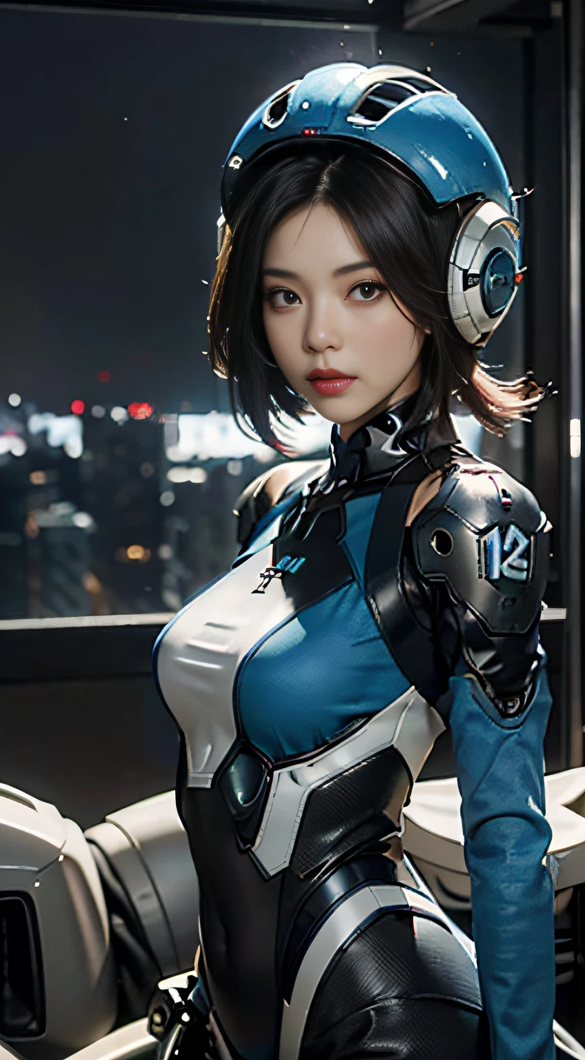 The highest image quality，excellent detail，超高分辨率，（真实感：1.4），The best illustrations，Favor detail，Highly concentrated 1girl，exquisite and beautiful face，Medium breasts，Sexy dressed in black and blue mechs，wearing a mech helmet，Expose the navel and arms，holding a directional controller，Ride on a mech，the background is a high-tech lighting scene of the city of the future。