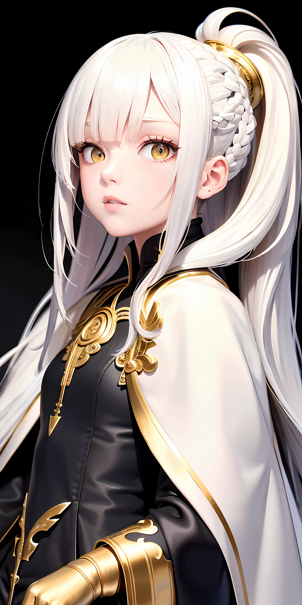 Need,tmasterpiece,whaite hair,Golden eyes,Manteau blanc,Look up,The upper part of the body,Hairline,Fair skin,SideBraid,Girl holding a large carp