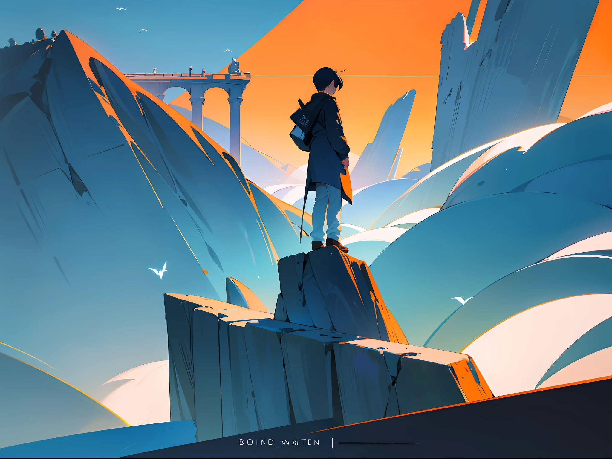 Minimalist book cover "Crossing borders" Clean sans-serif font headings Handwritten script subtitles Beam through mist Feet on cliff edge ready to jump Birds over walls Color scheme dominated by blue Pop Orange Plenty of empty space, Minimalism, Op art, Pointillism, chiaroscuro, ray tracing, anaglyph, 8k --auto