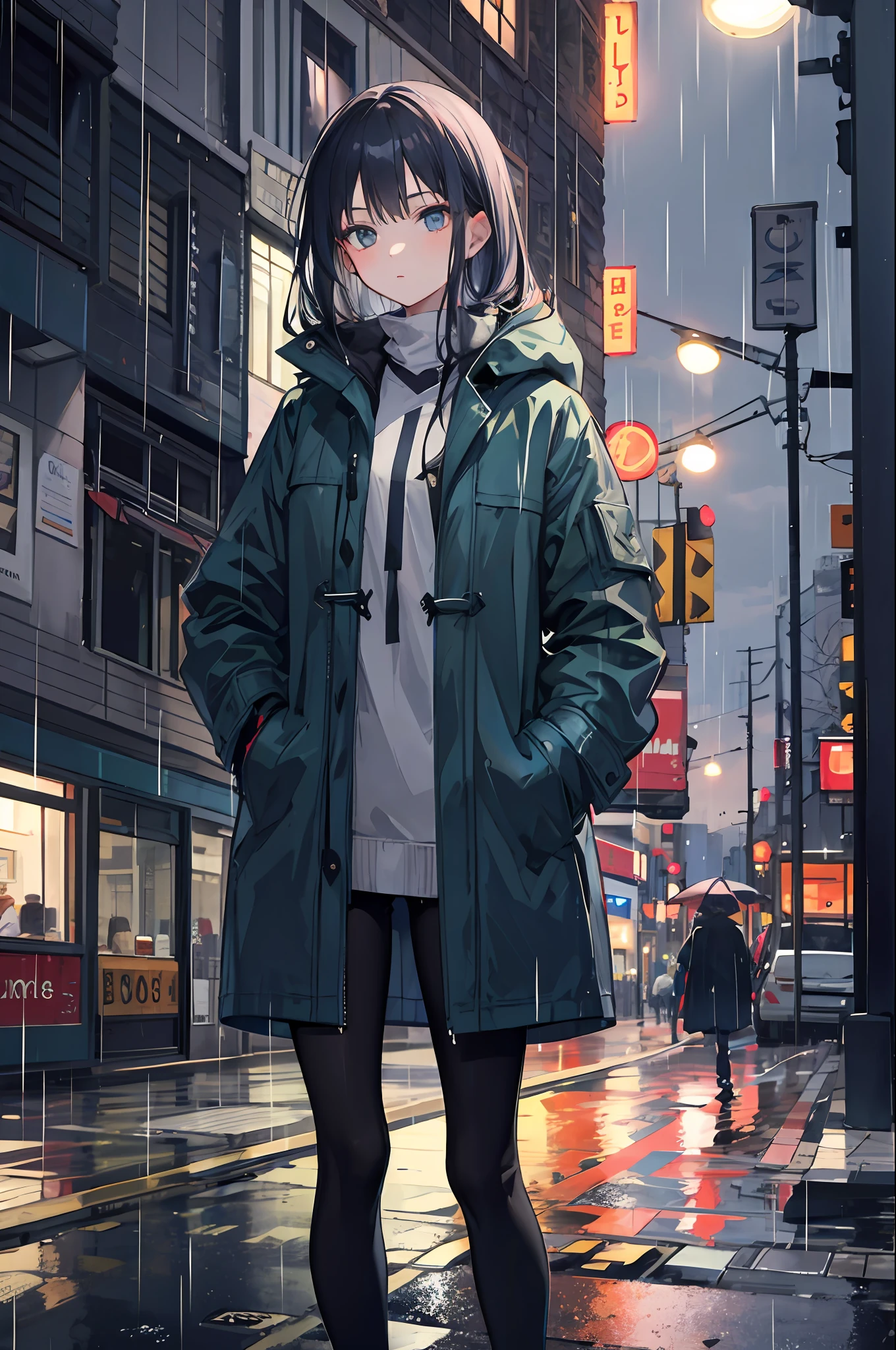 1girl, Night City, rain, coat, hands in pockets