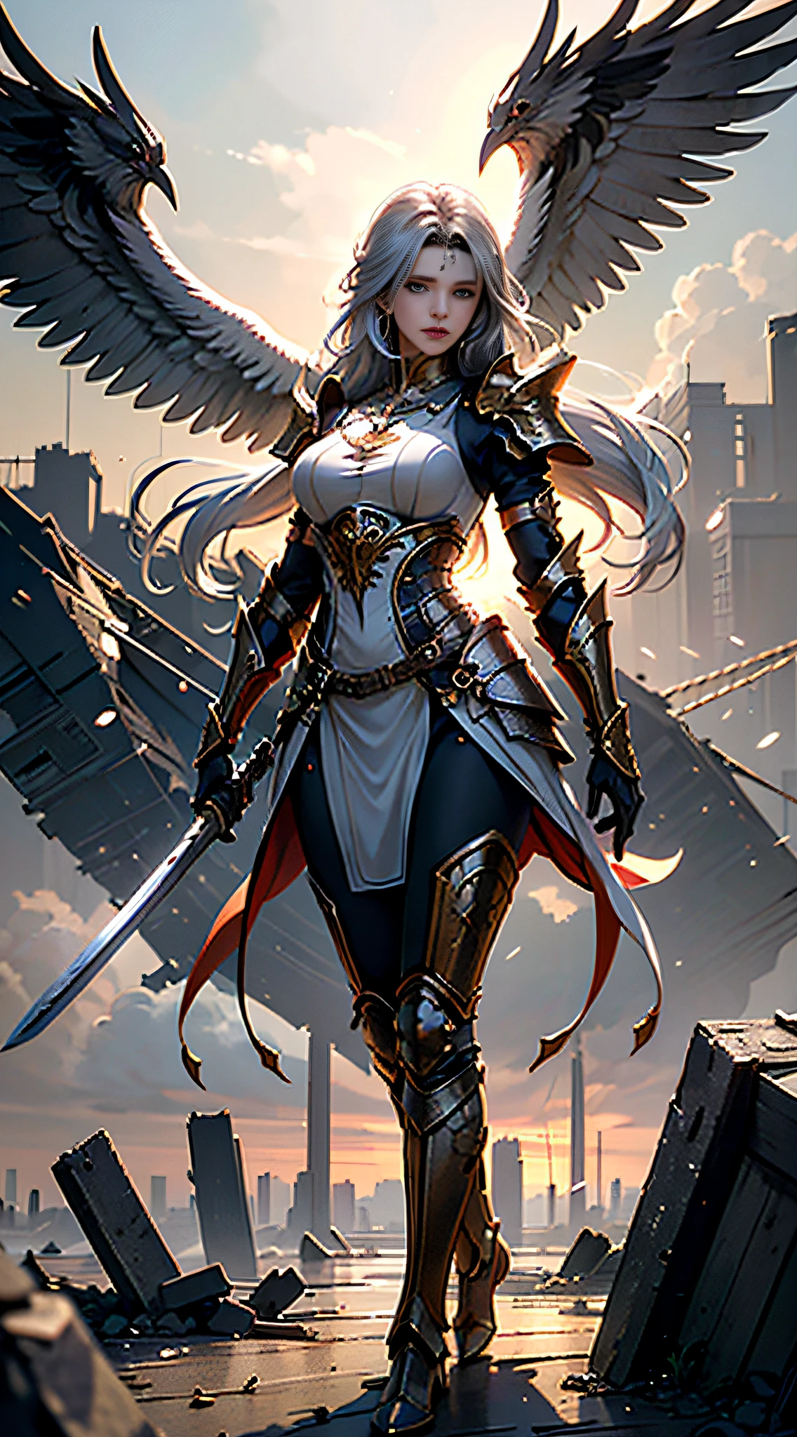 ((Woman, standing on a ruined building, close-up, realistic)) realistic visuals, artistic sophistication, captivating beauty, dramatic contrasts, 8k wallpaper, absurdity, incredible absurdity, golden armor, gadaxintai gaodanvshen, (holding silver sword)), hair floating in the air, ((in battle))