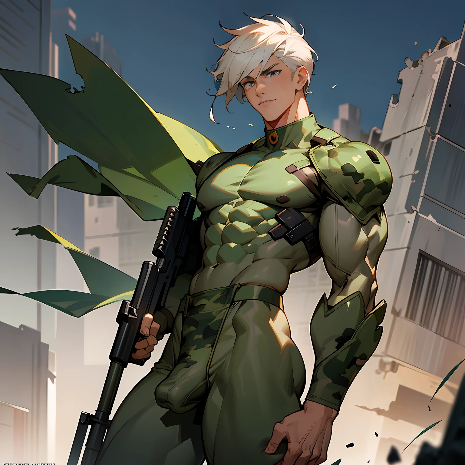 Highest accuracy,Muscular man in camouflage pants,Stand on the side,Lower body erection,Lower body details,Thick pubic hair,Handsome face,Short white hair,There are heavy machine guns in hand,The background is a broken city,The background is rich in detail,Wasteland wind