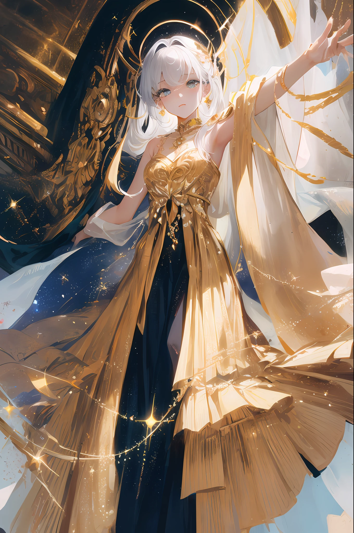 ((tmasterpiece、Need、Ultra-delicate、A high resolution)), 独奏, a beauty girl，Golden eyes, sparkle eyes, perfect  eyes, ar old,ack and white gold theme,