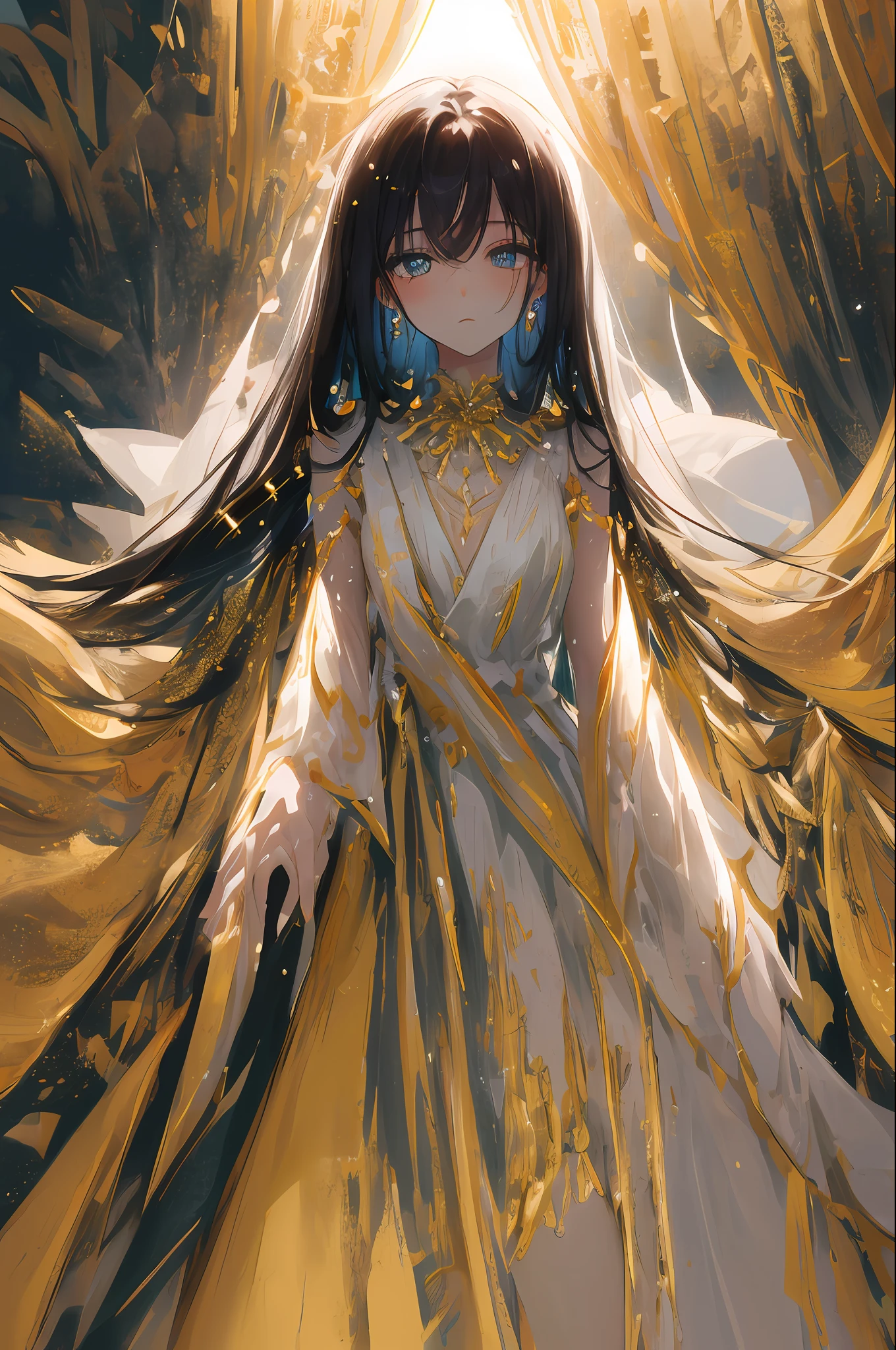 ((tmasterpiece、Need、ultra-delicate、A high resolution)), 独奏, a beauty girl, Golden sparkling eyes, perfect eyes, 15year old, Black and white gold theme,