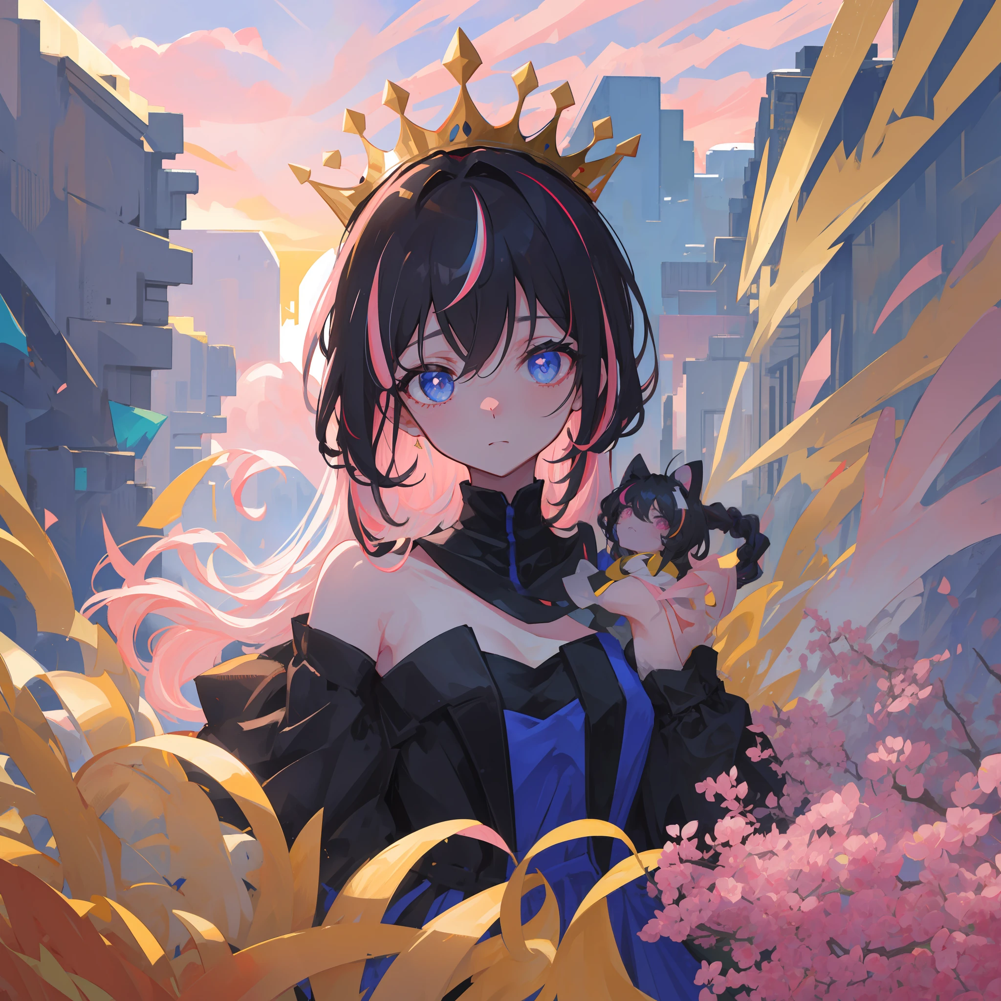 (portrait, looking at viewer:1.3), masterpiece, 8k wallpaper, absurdres, best quality, dynamic angle, cinematic lighting, 1girl, (small breasts), cute, delicate, (black hair, pink streaks:1.3), (sky blue dress:1.3), long hair, hair between eyes, sidelocks, crown braid, diadem, show shoulders, extremely reflective eyes, (extremely plain background, solid color background, yellow background:1.2)