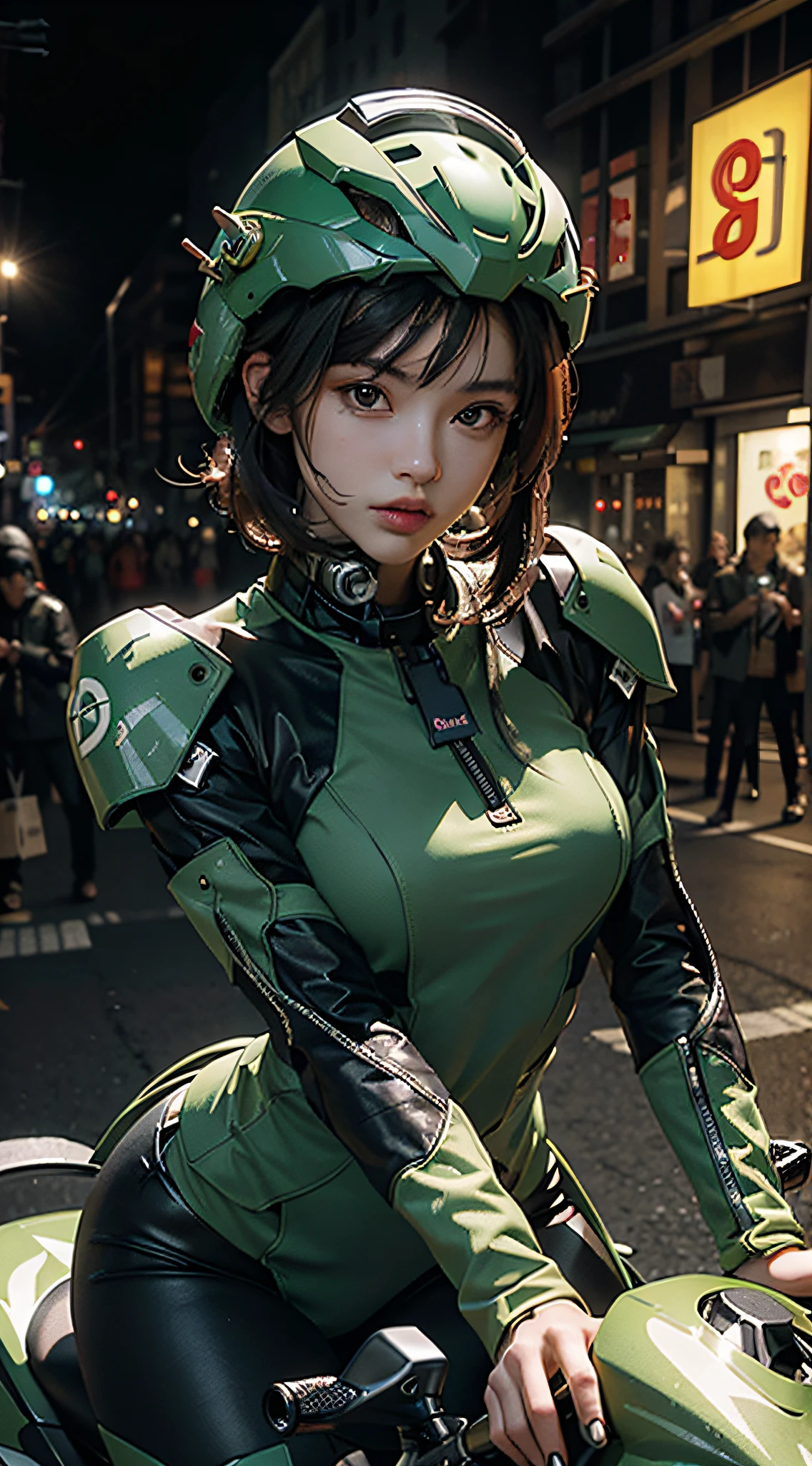 Highest image quality, outstanding details, ultra-high resolution, (realism: 1.4), the best illustration, favor details, highly condensed 1girl, with a delicate and beautiful face, dressed in a black and green mecha, wearing a mecha helmet, holding a directional controller, riding on a motorcycle, the background is a high-tech lighting scene of the future city.