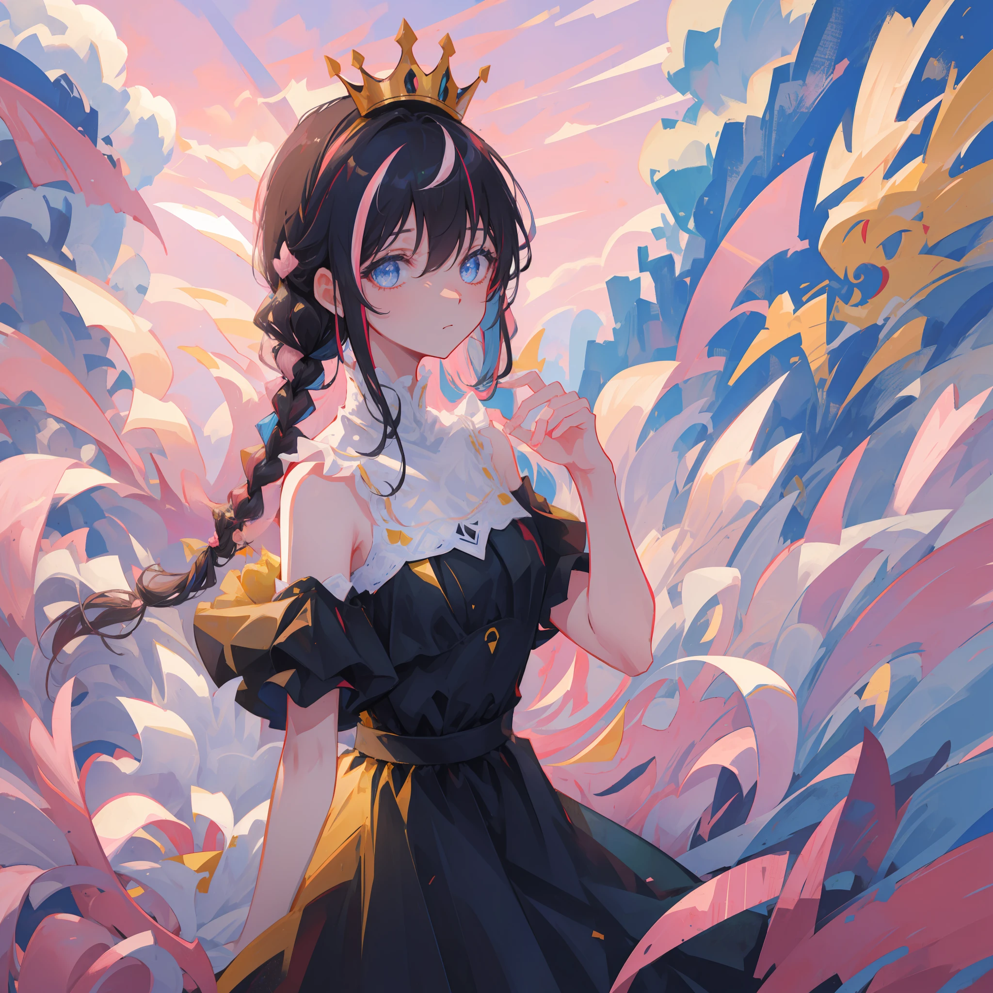 (portrait, looking at viewer:1.3), masterpiece, 8k wallpaper, absurdres, best quality, dynamic angle, cinematic lighting, 1girl, (small breasts), cute, delicate, (black hair, pink streaks:1.3), (sky blue dress:1.3), long hair, hair between eyes, sidelocks, crown braid, diadem, show shoulders, extremely reflective eyes, (extremely plain background, solid color background, yellow background:1.2)